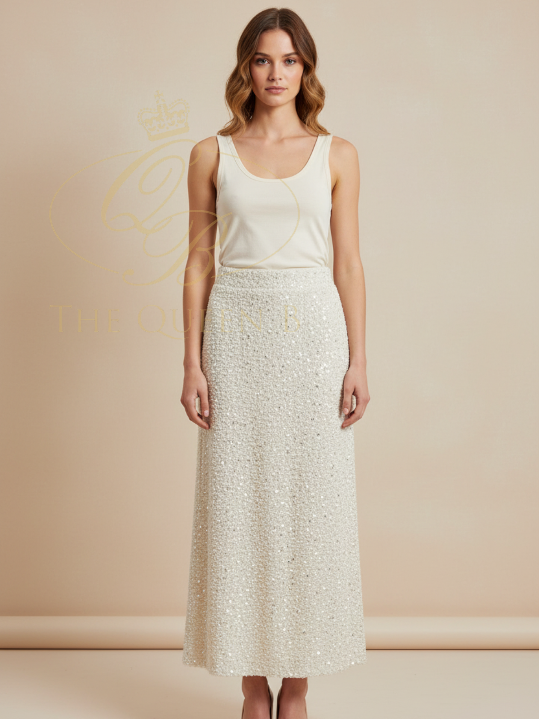 Malissa J WF2780 Sequin Lined Skirt in a midi A-line silhouette with all-over sequin embellishment.