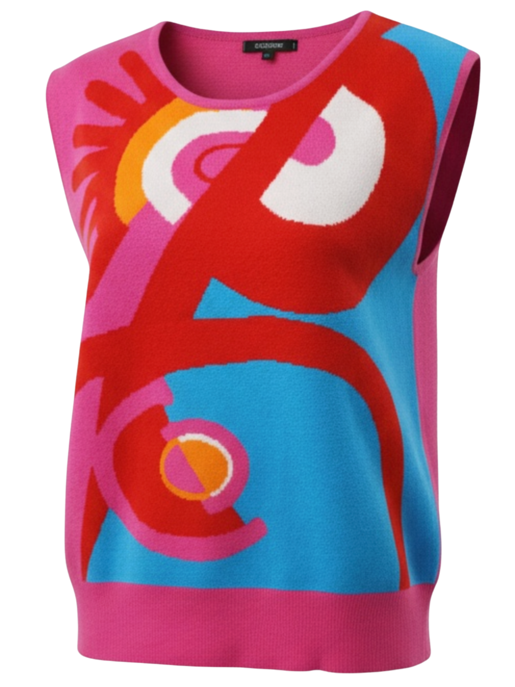 Malissa J WF2791 Abstract Jacquard Knitted Tank Top with round neckline, sleeveless design and bold abstract knit pattern.