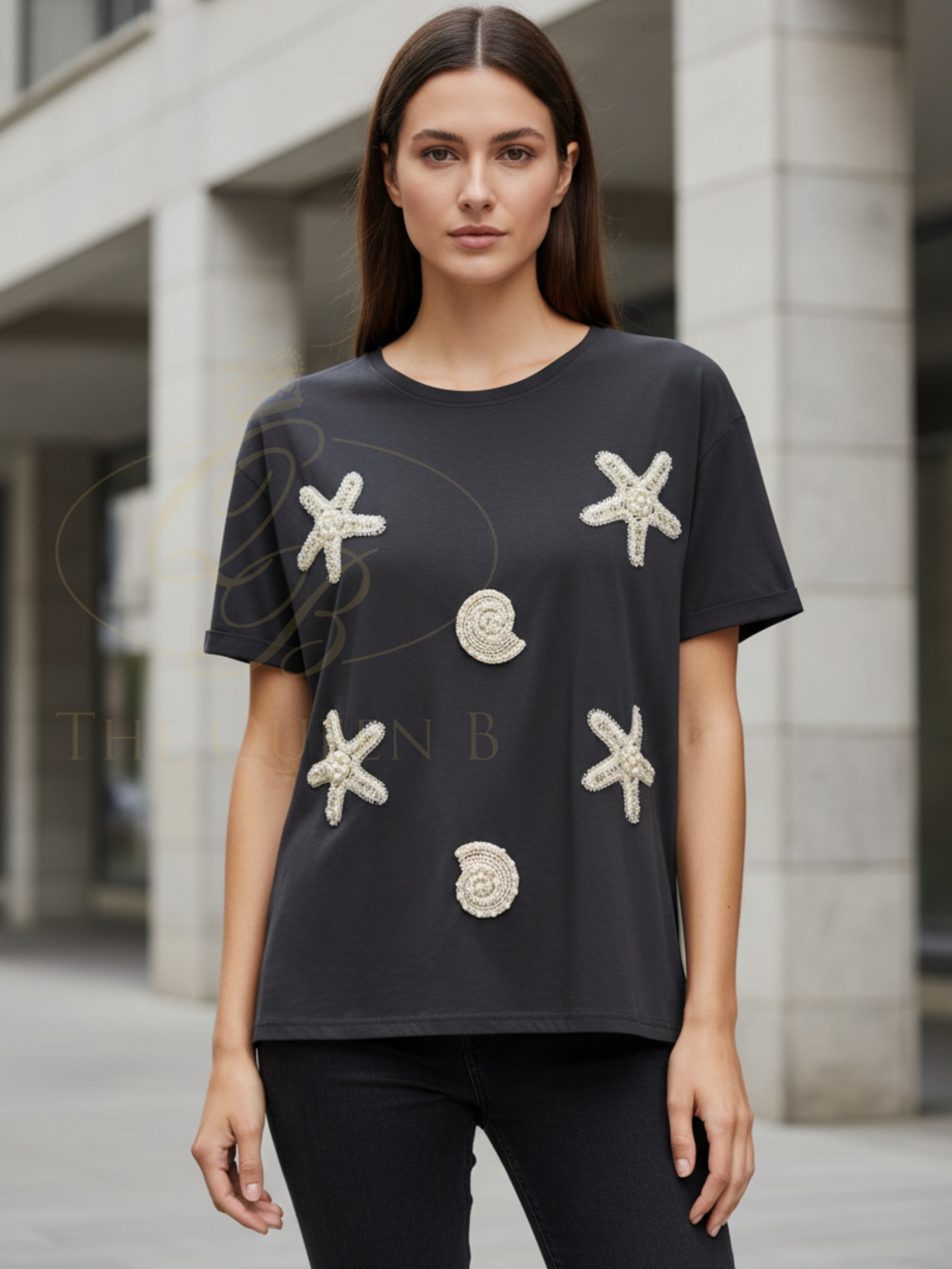 Malissa J WF2796 Starfish & Shell Embellished Jersey T-Shirt with round neckline, short sleeves and textured starfish and shell embellishments on the front.