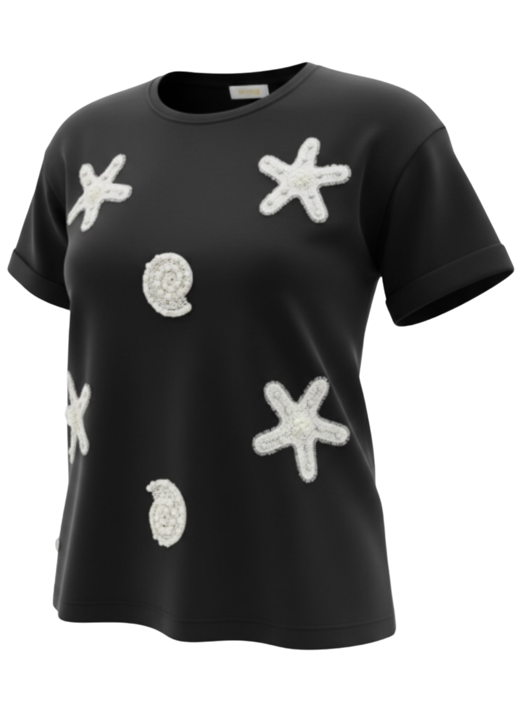 Malissa J WF2796 Starfish & Shell Embellished Jersey T-Shirt with round neckline, short sleeves and textured starfish and shell embellishments on the front.