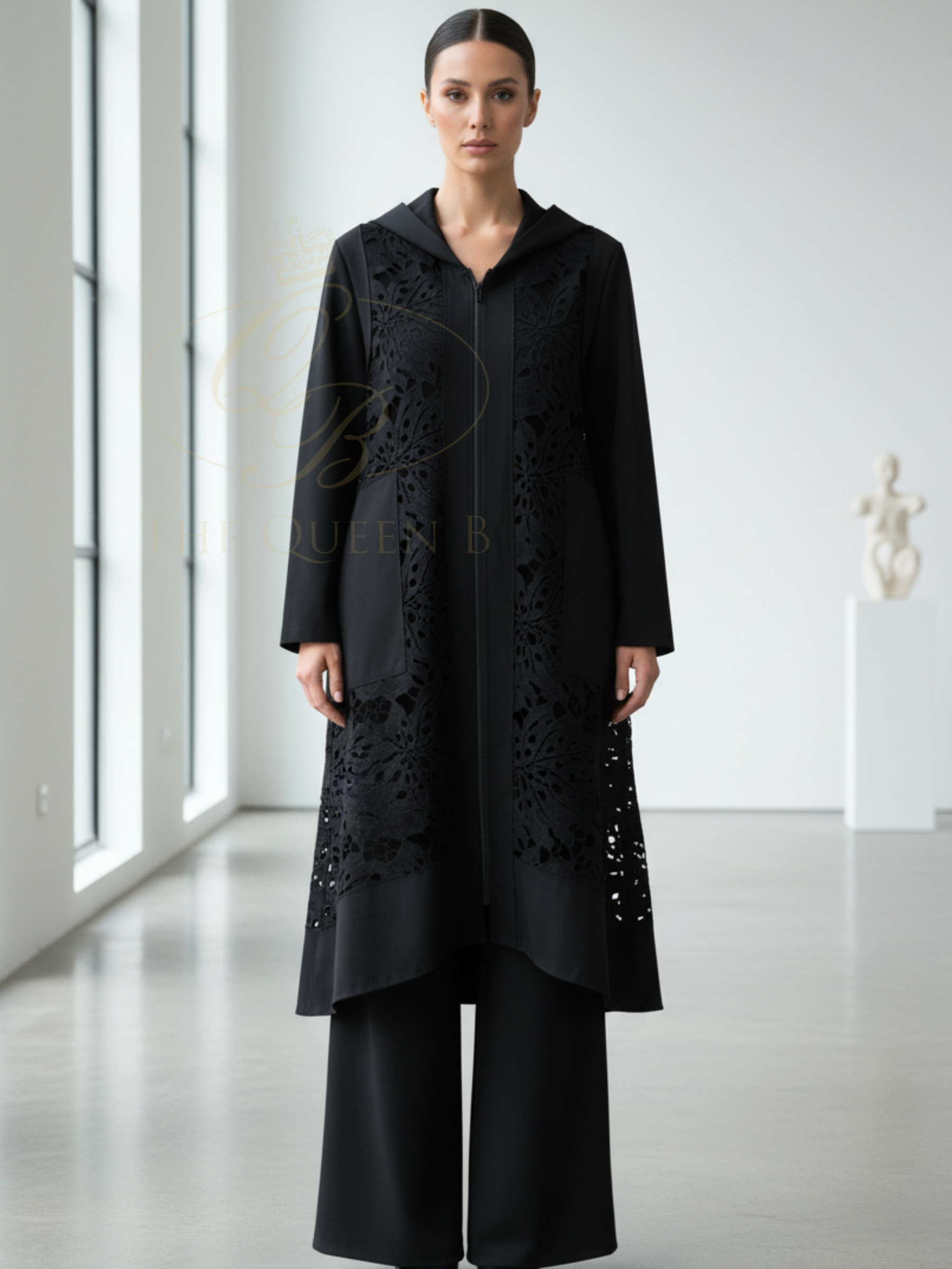 Malissa J WF2804 Lace Jersey Coat Dress with hooded neckline, full-length zip and lace panel detailing.