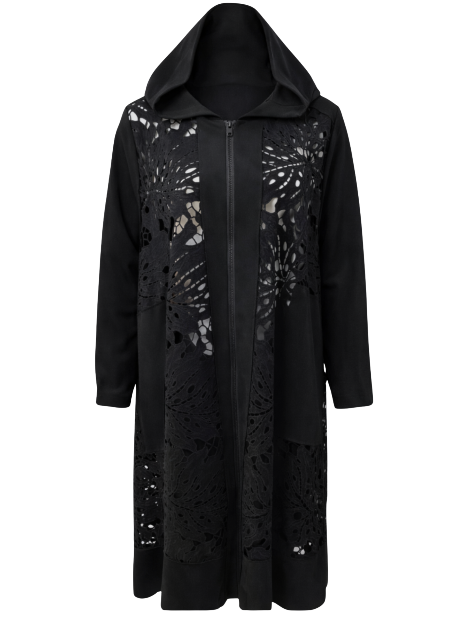 Malissa J WF2804 Lace Jersey Coat Dress with hooded neckline, full-length zip and lace panel detailing.