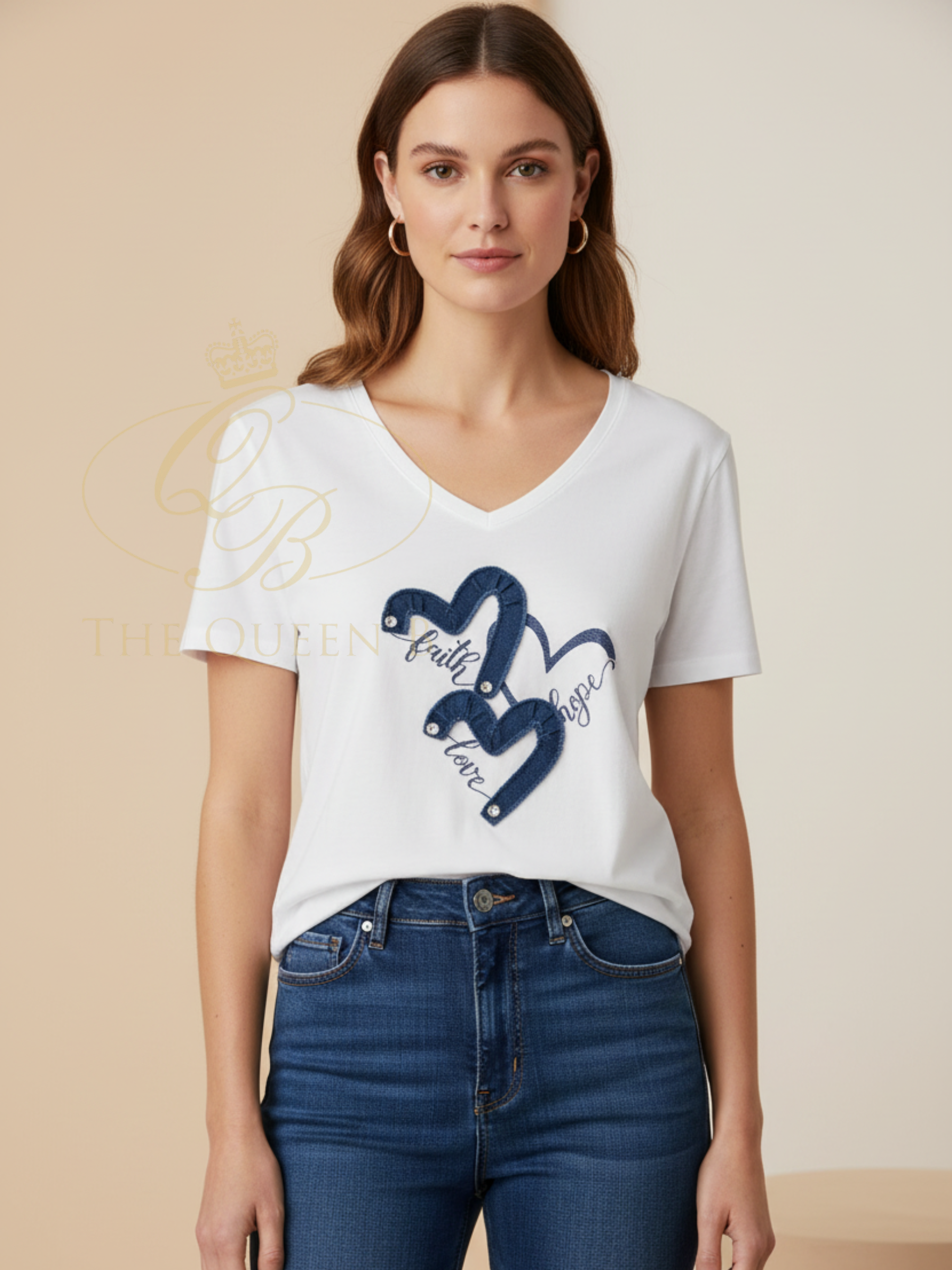 Malissa J WF2811 V-Neck Jersey T-Shirt with V-neckline and front heart motif with script detailing.