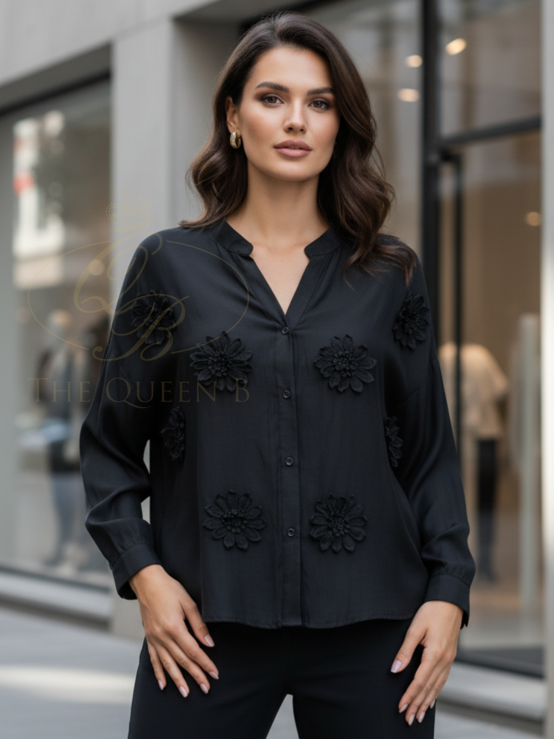 Malissa J WF2813 Applique Flower Detailed Shirt with stand collar, button-through front and raised floral appliqué detailing across the body.
