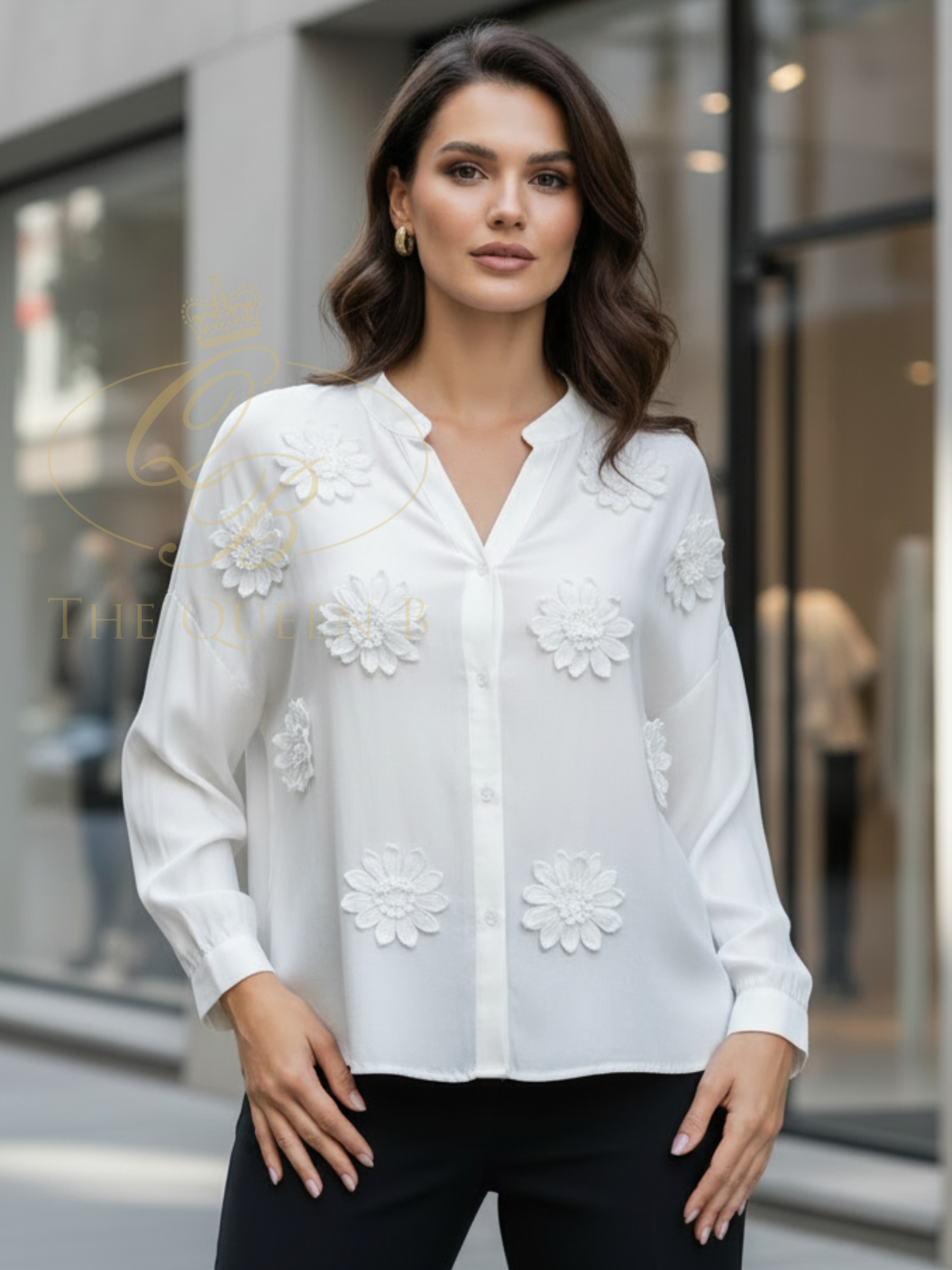 Malissa J WF2813 Applique Flower Detailed Shirt with stand collar, button-through front and raised floral appliqué detailing across the body.