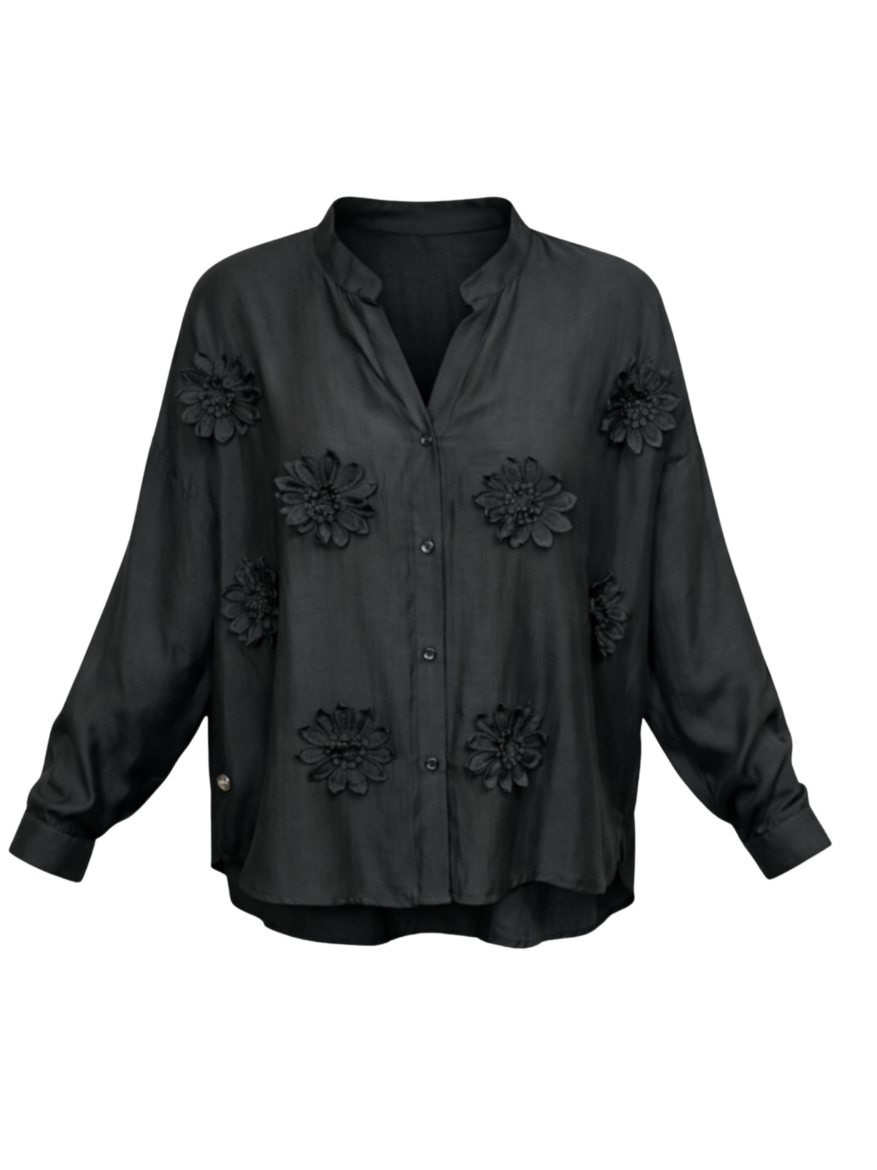 Malissa J WF2813 Applique Flower Detailed Shirt with stand collar, button-through front and raised floral appliqué detailing across the body.
