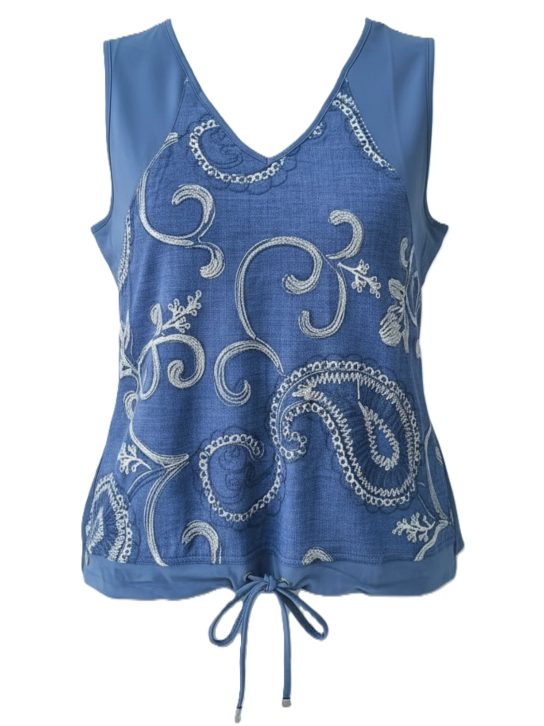Malissa J WF2814 Woven Panel & Drawstring Hem Jersey Vest with V-neckline, sleeveless design, contrasting front panel and adjustable drawstring hem.