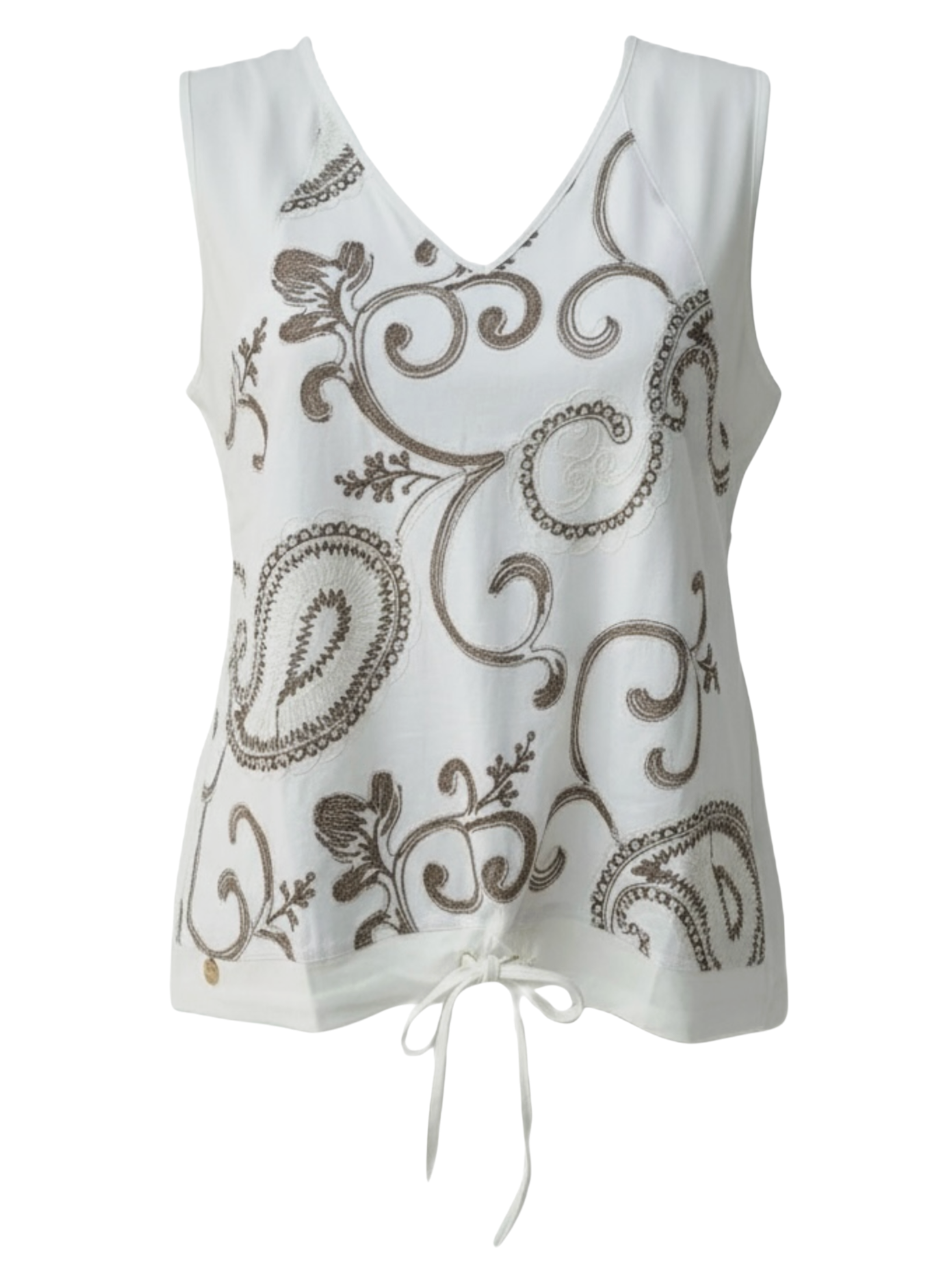 Malissa J WF2814 Woven Panel & Drawstring Hem Jersey Vest with V-neckline, sleeveless design, contrasting front panel and adjustable drawstring hem.