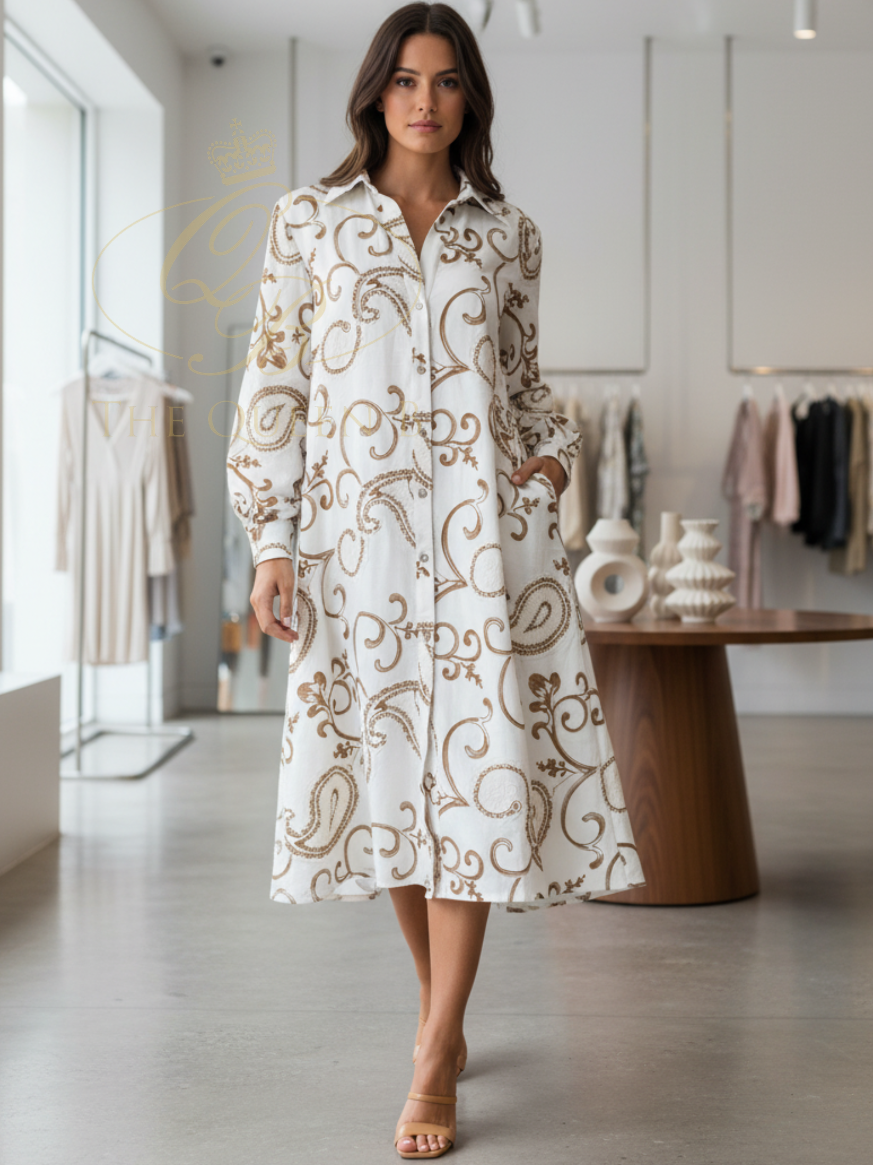 Malissa J WF2815 Embroidered Woven Shirt Dress with classic collar, button-through front, long sleeves and all-over embroidered detailing.