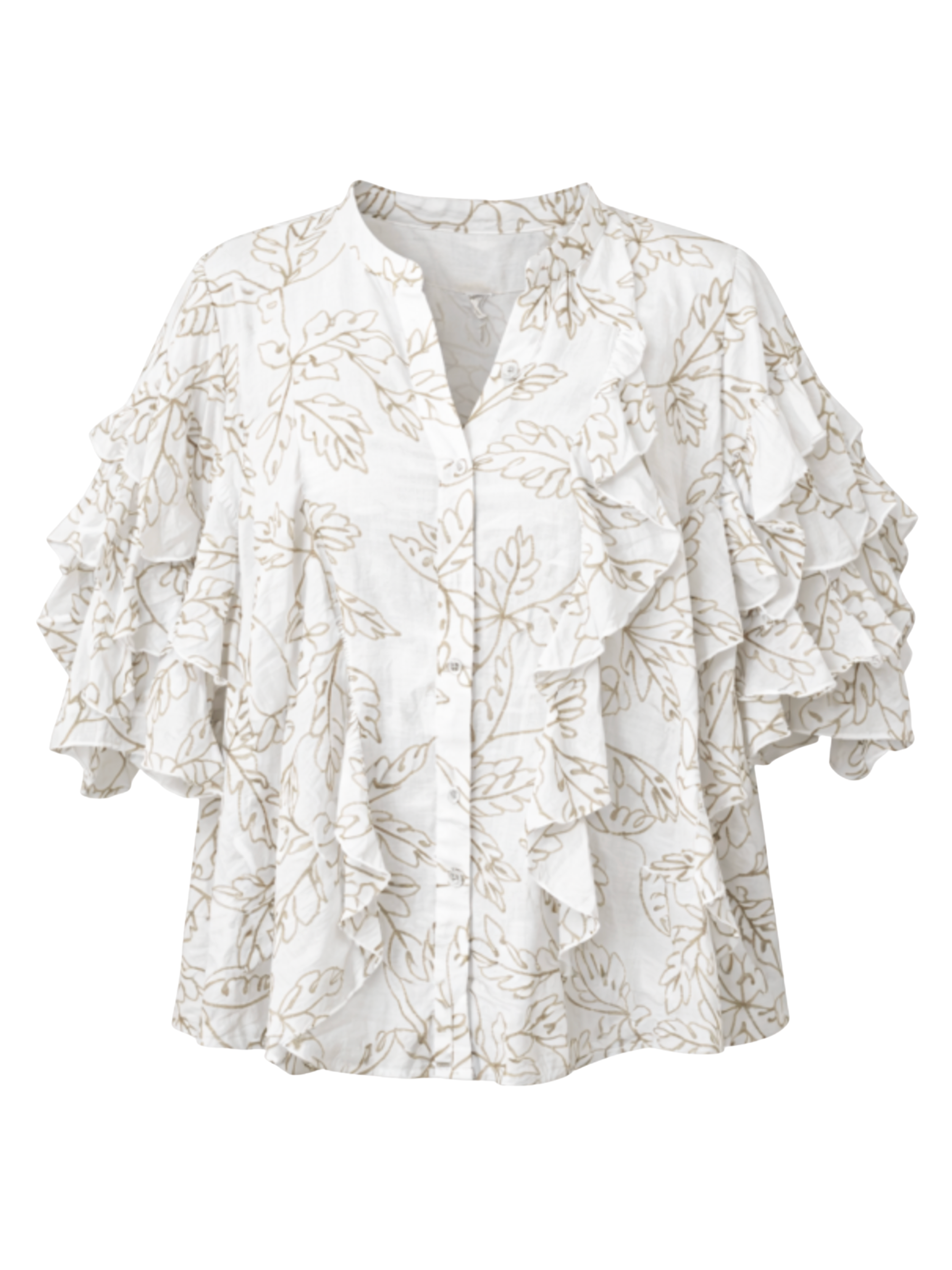 Malissa J WF2816 Woven Ruffle Detailed Shirt with button-through front, cascading ruffle detailing and voluminous layered sleeves.