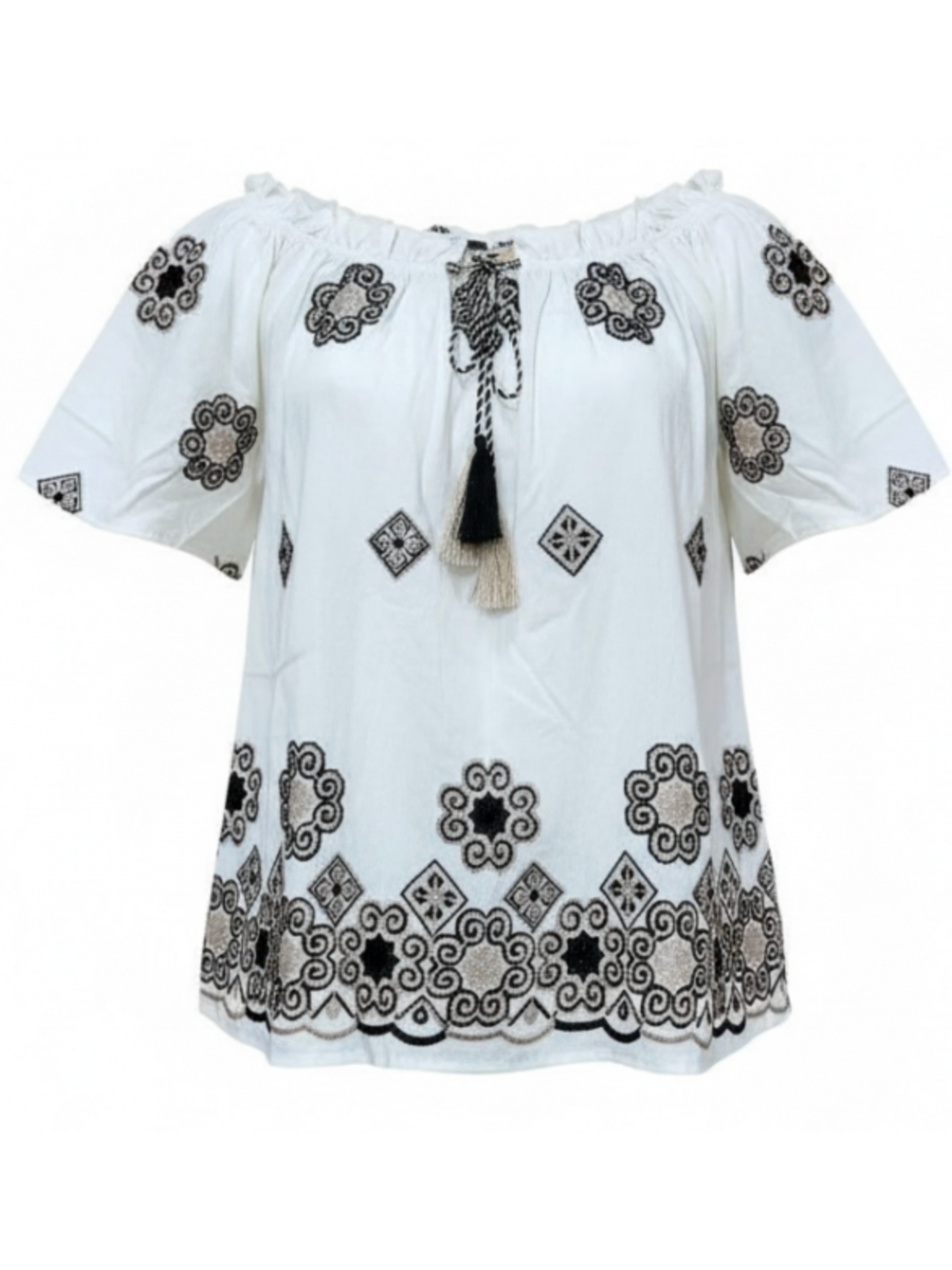 Malissa J WF2817 Tie Neck & Ruffle Short Sleeve Top with tie neckline and layered ruffle short sleeves in a relaxed silhouette.