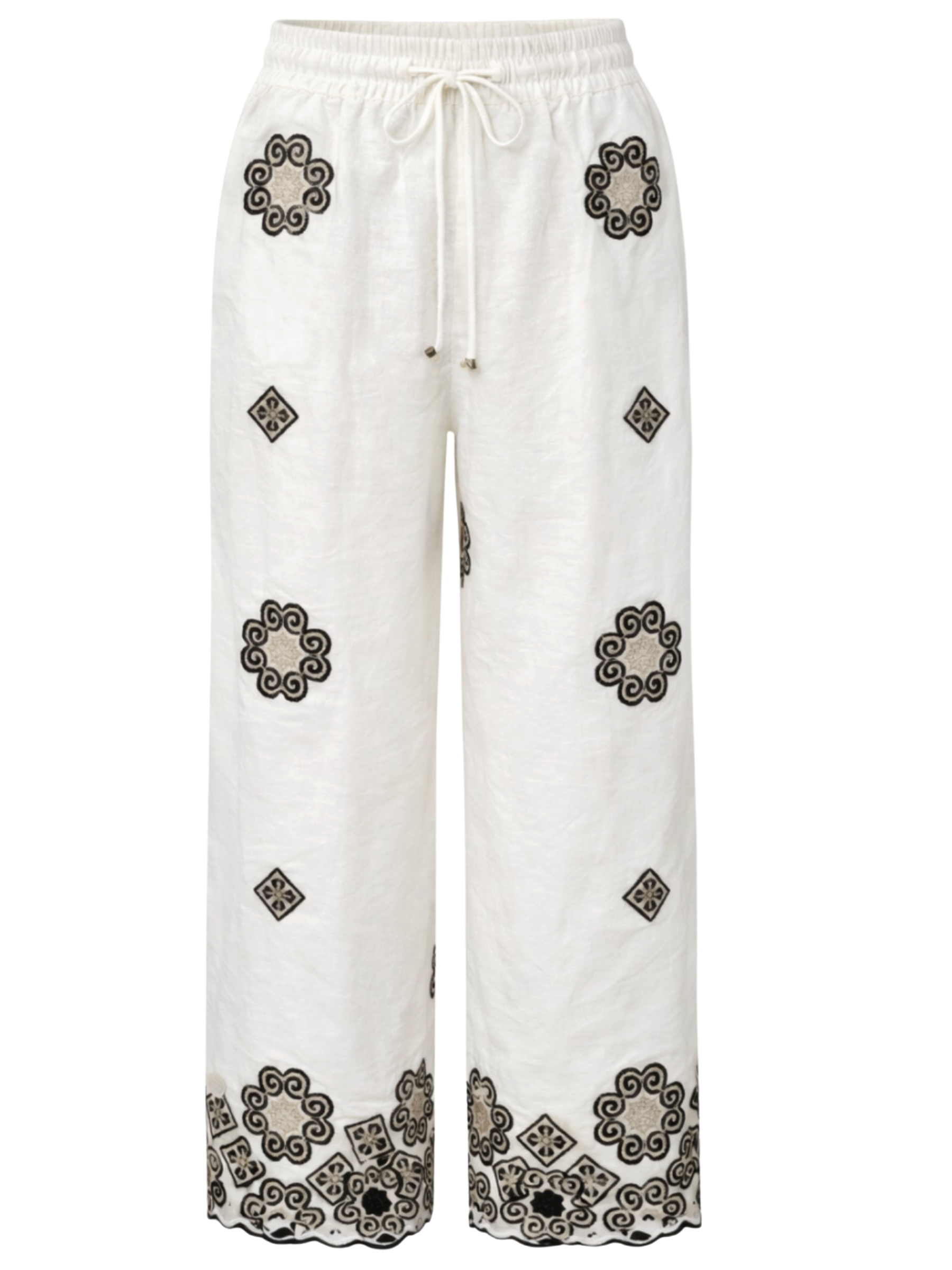 Malissa J WF2822 Embroidered Trousers with elasticated waistband, adjustable drawstring and embroidered motif detailing including statement hem finish.