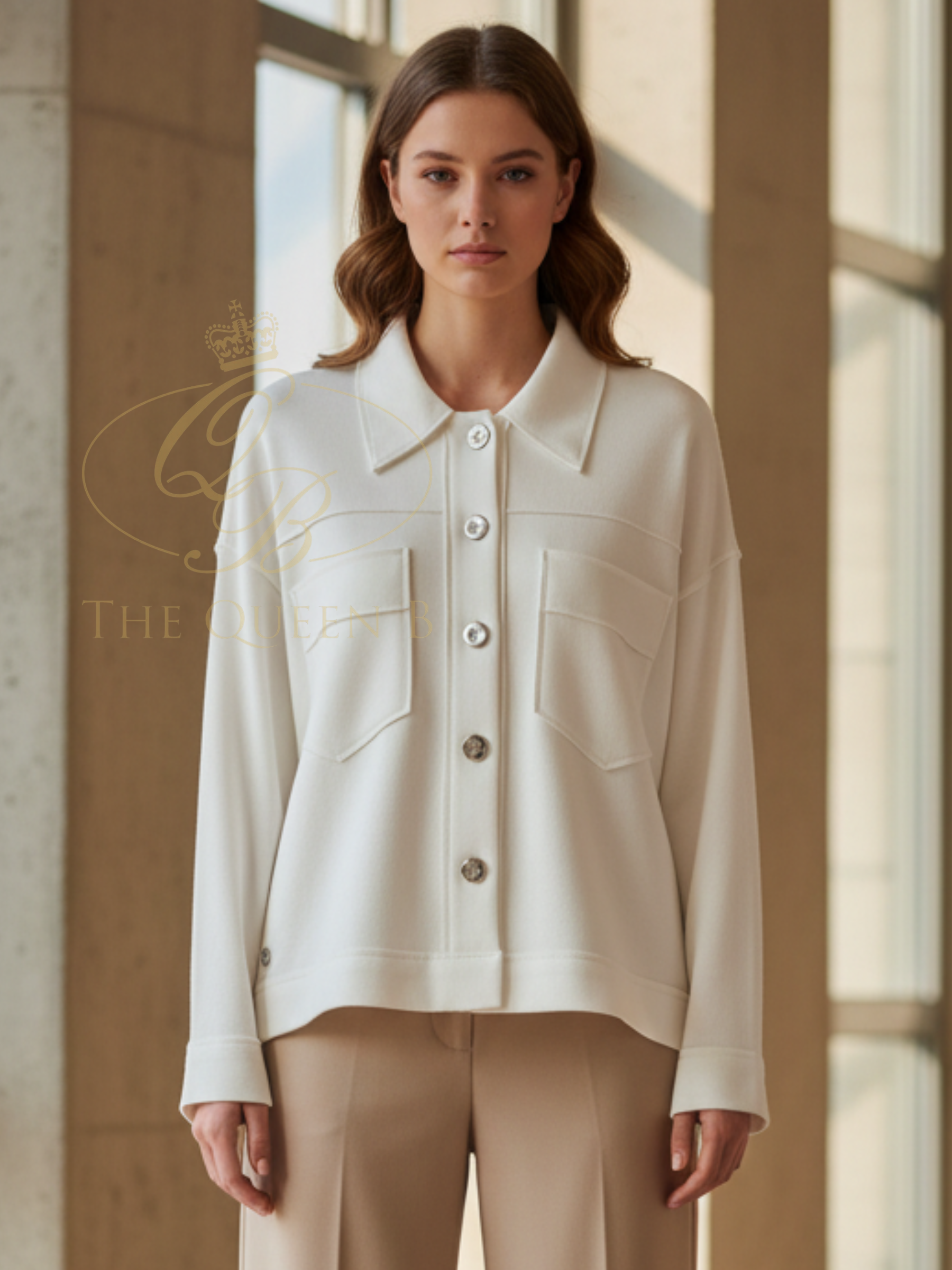 Malissa J WF2825 Button Through Soft Jersey Jacket with classic collar, button-through front and front patch pockets in a relaxed silhouette.