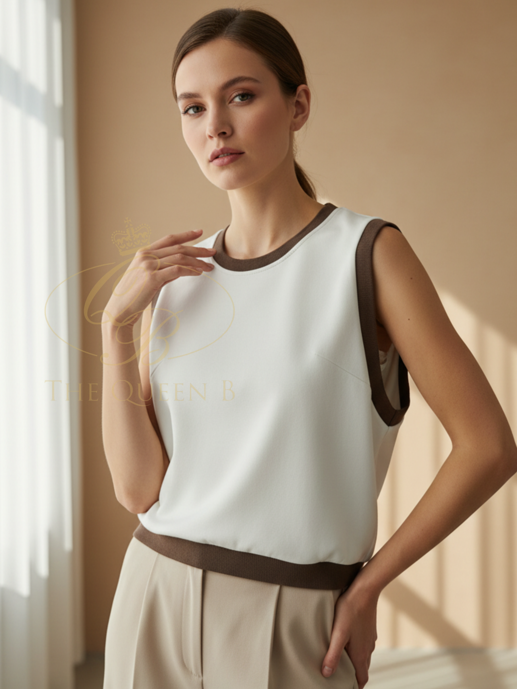 Malissa J WF2830 Contrast Border Soft Jersey Top with round neckline, sleeveless design and contrast trim detailing along neckline, armholes and hem.