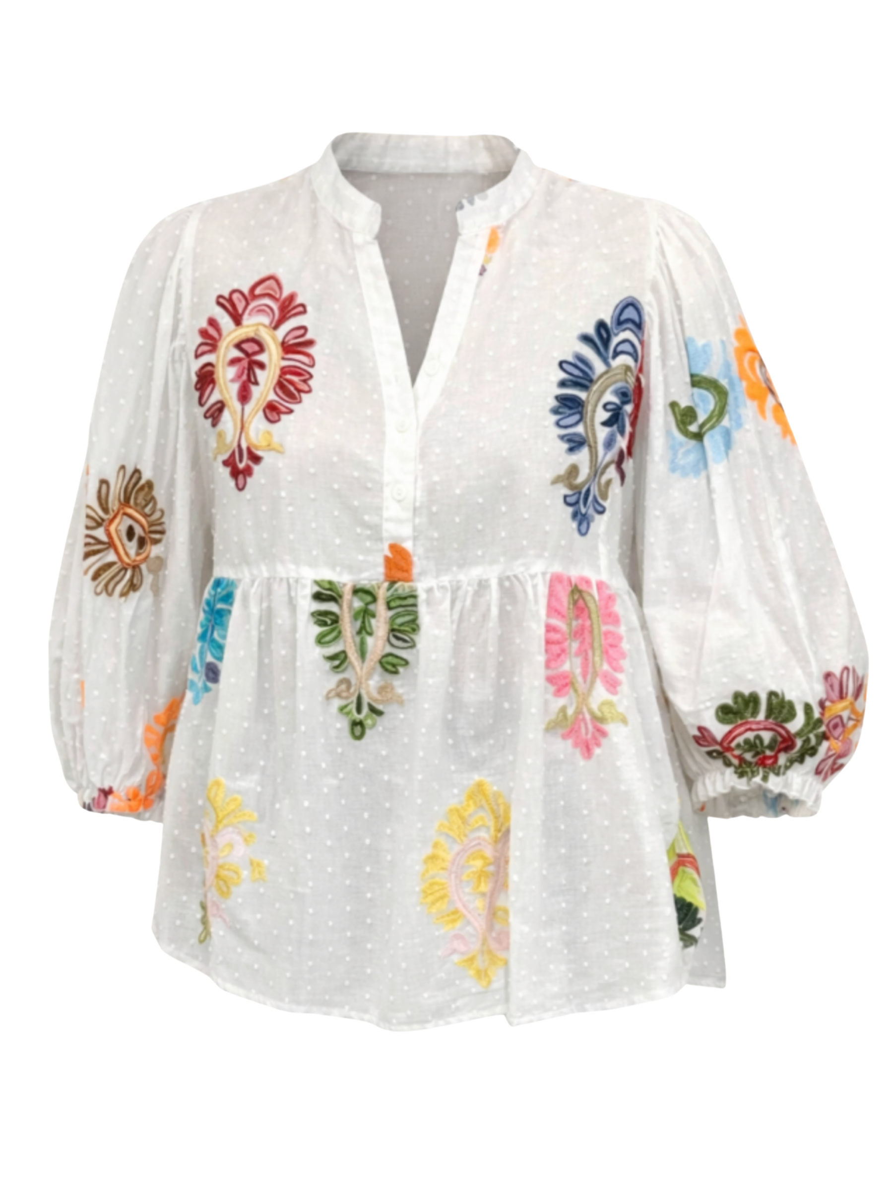 Malissa J WF2832 Woven Voluminous Sleeve Shirt with notch neckline, gathered waist seam, voluminous sleeves and colourful embroidered motif detailing throughout.