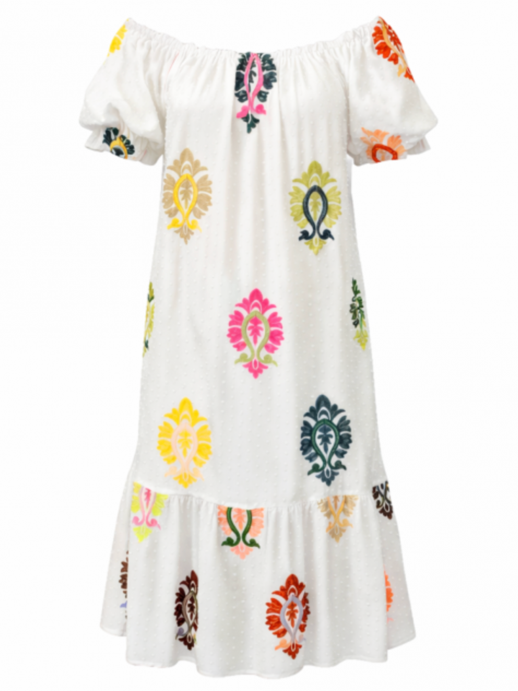 Malissa J WF2836 Embroidered Bardot Style Dress with off-shoulder neckline, short puff sleeves, tiered hem and colourful embroidered motif detailing.