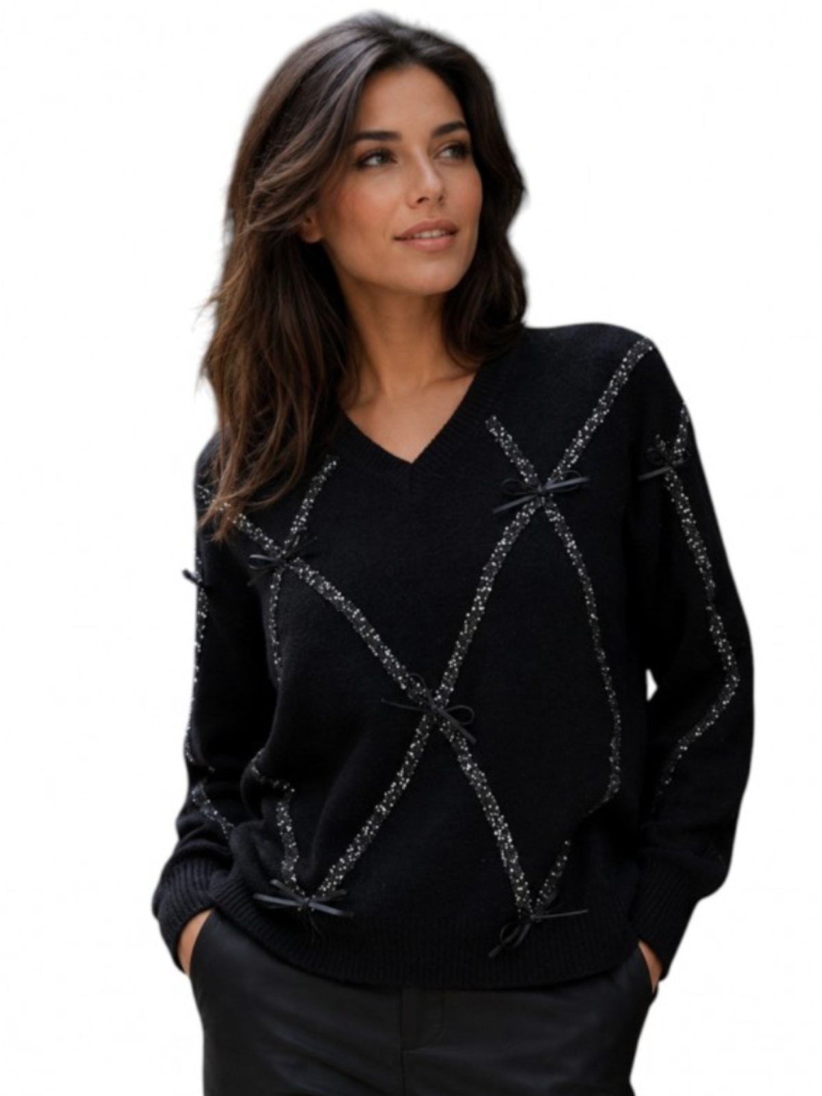 Malissa J WF2842 Sequin Knit Jumper with V-neckline, sequin geometric detailing, bow accents and long sleeves.