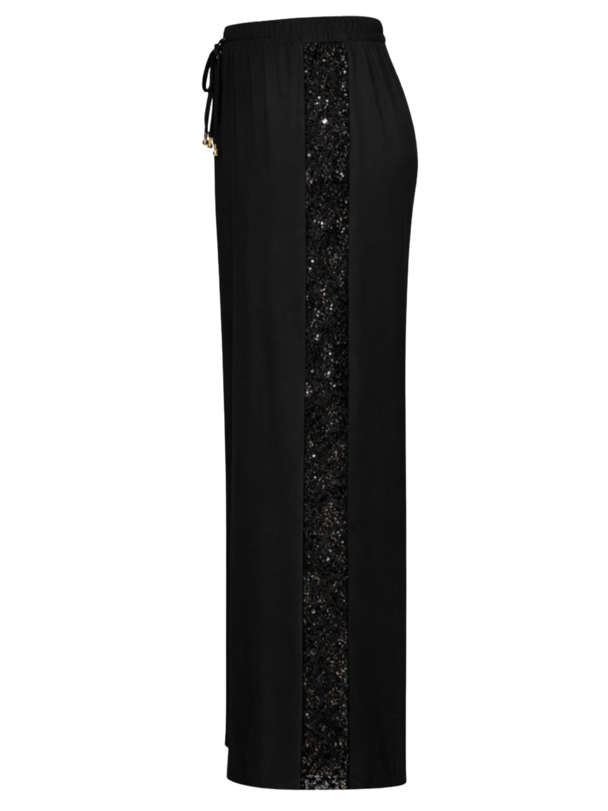 Malissa J WF2873 Slit & Lace Panel Trousers with wide leg shape, elasticated drawstring waist, sequin side panel detailing and hem slit finish.