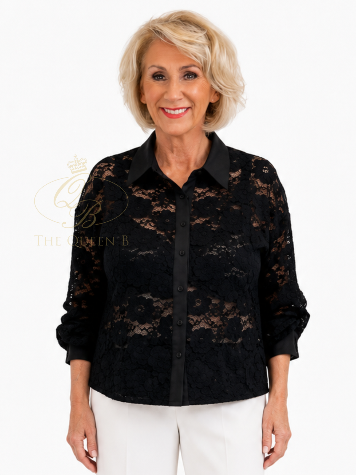 Malissa J WF2875 Studded Lace Shirt in black sheer floral lace with a collared neckline, button-through front, long sleeves and subtle studded detailing.