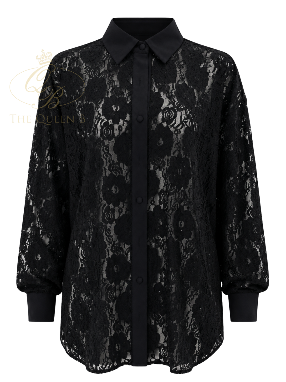 Malissa J WF2875 Studded Lace Shirt in black sheer floral lace with a collared neckline, button-through front, long sleeves and subtle studded detailing.