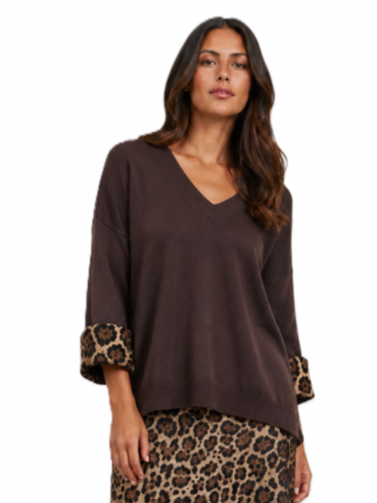 Malissa J WF2878 Satin Turnback Cuff Knit Jumper with V-neckline, relaxed fit and satin turnback cuff detail.