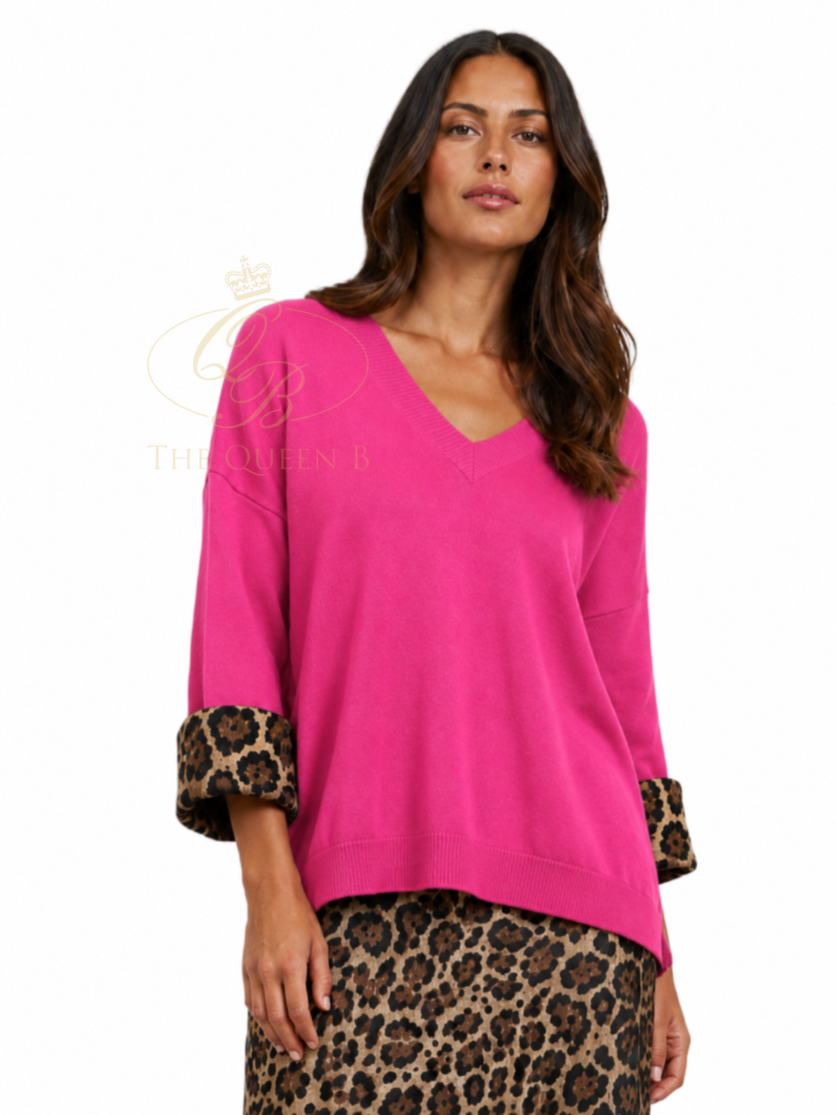 Malissa J WF2878 Satin Turnback Cuff Knit Jumper with V-neckline, relaxed fit and satin turnback cuff detail.