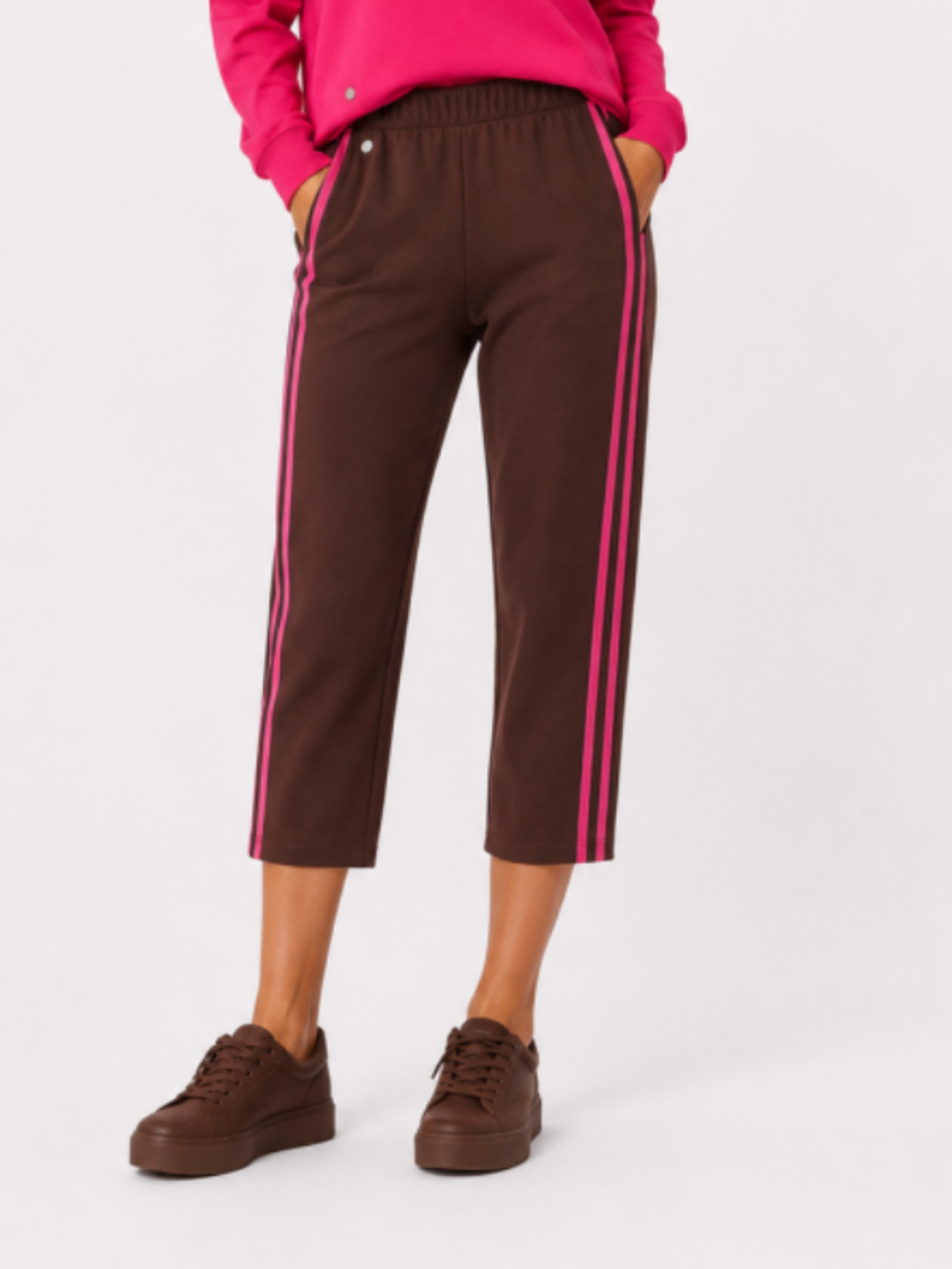 Malissa J WF2883 Neon Tape Jersey Narrow Leg Trousers with contrast side tape, elasticated waist and cropped fit.