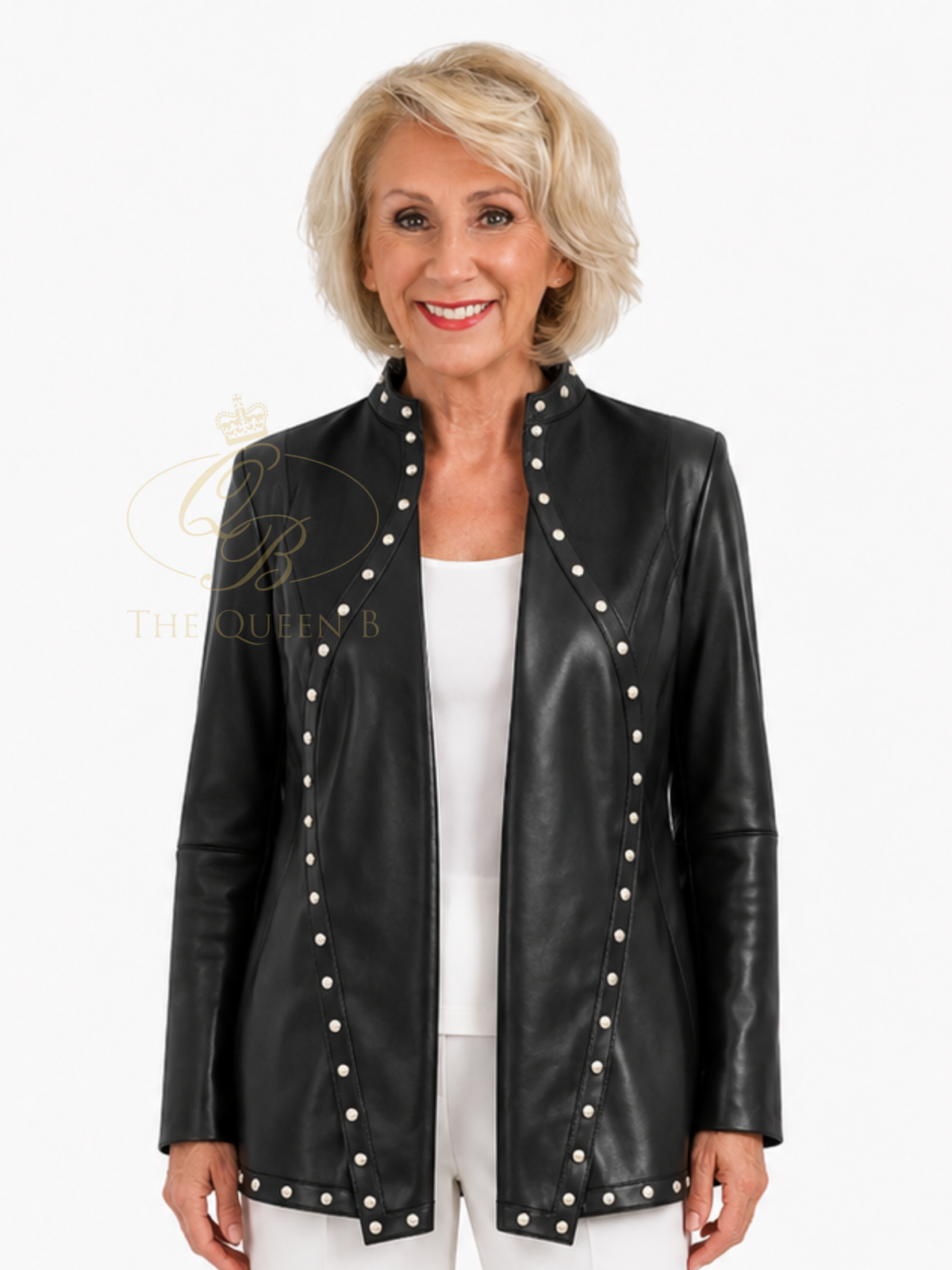 Malissa J WF2893A Studded Detailed Jacket with open-front styling, studded trim and a longerline silhouette.