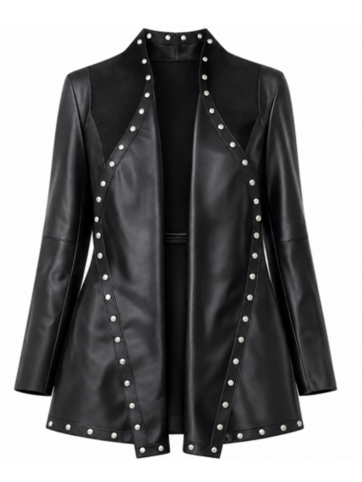 Malissa J WF2893A Studded Detailed Jacket with open-front styling, studded trim and a longerline silhouette.