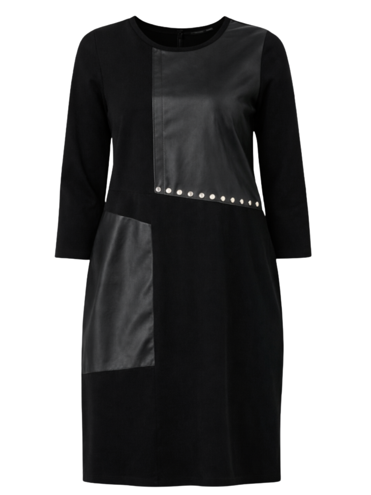 Malissa J WF2897 Studded Detailed Jersey Dress with faux leather-look panel detailing, stud accents, side pockets and a midi-length silhouette.