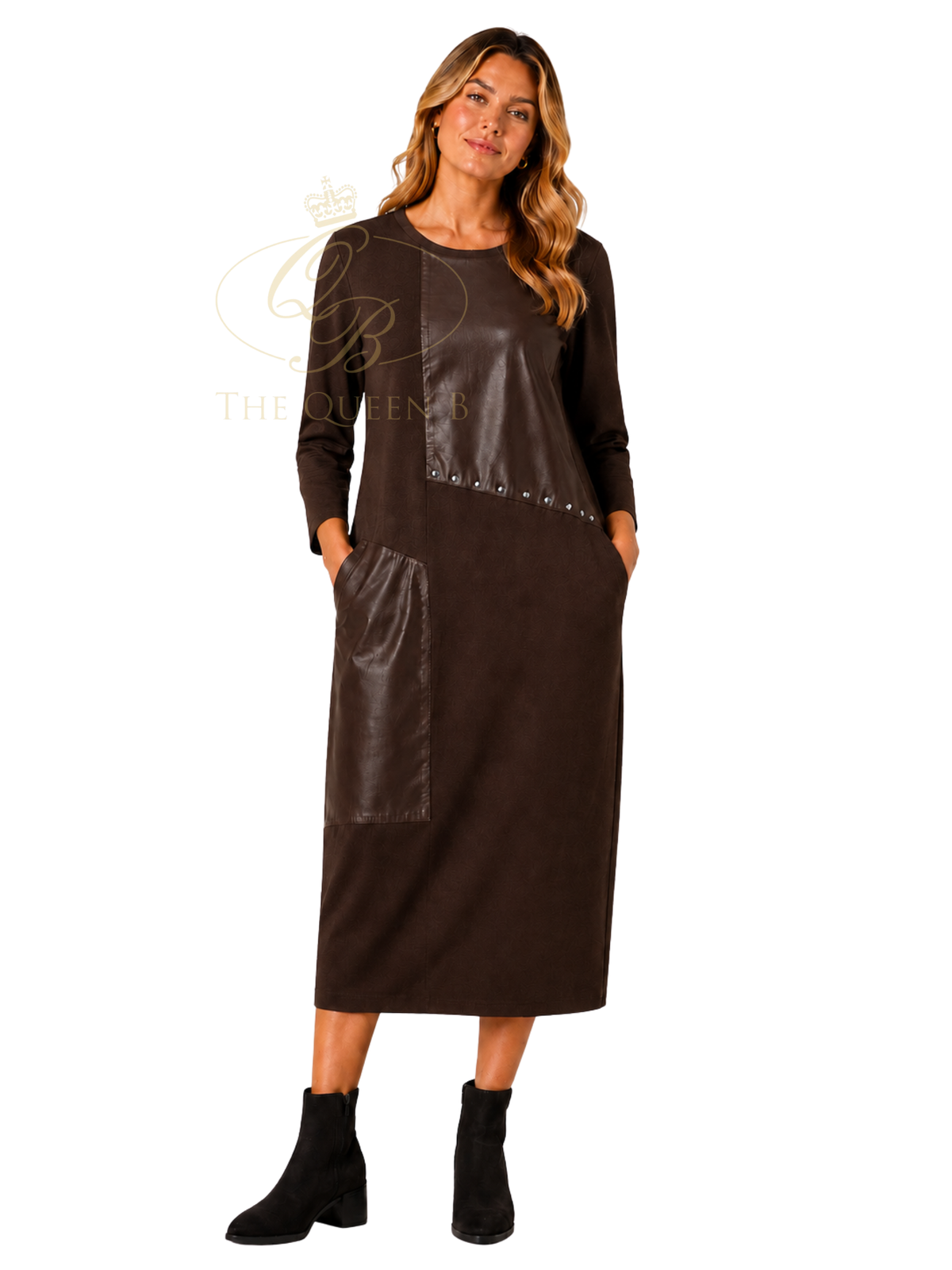 Malissa J WF2897 Studded Detailed Jersey Dress with faux leather-look panel detailing, stud accents, side pockets and a midi-length silhouette.