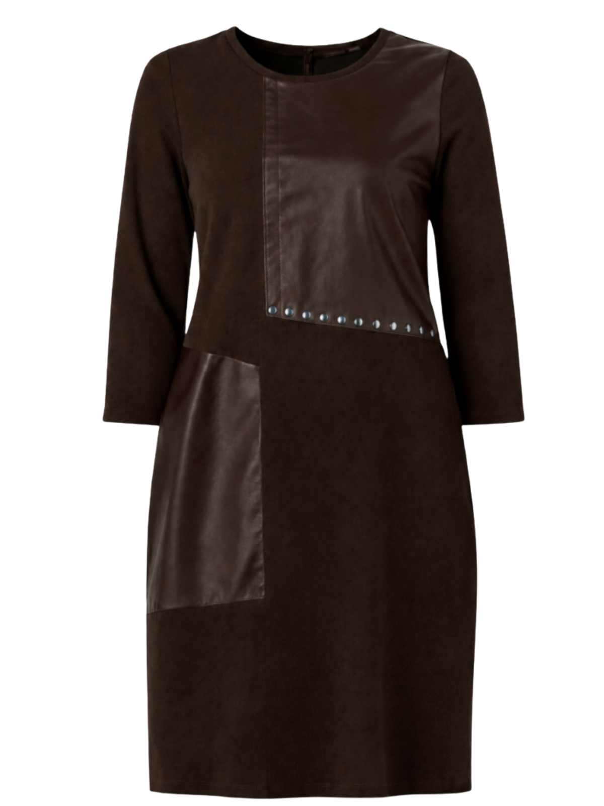 Malissa J WF2897 Studded Detailed Jersey Dress with faux leather-look panel detailing, stud accents, side pockets and a midi-length silhouette.