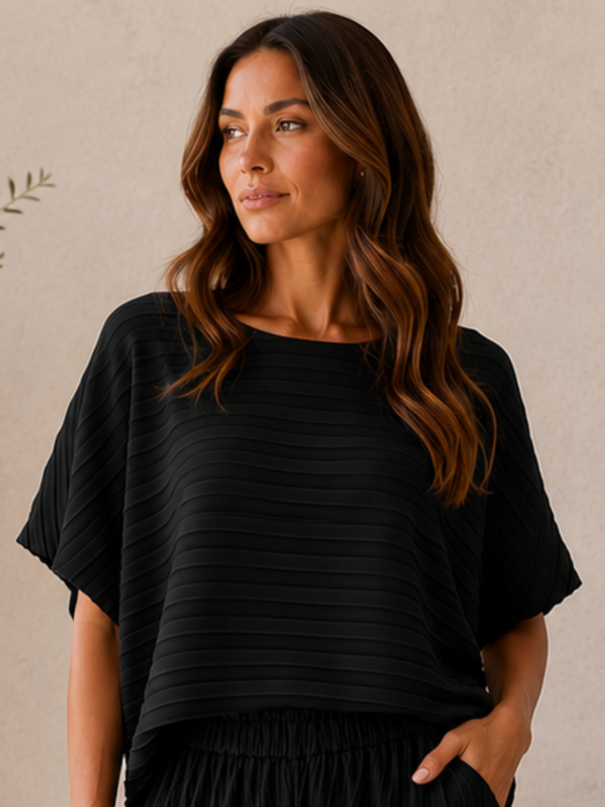 Malissa J WF2916 / WF2921 Pleated Set featuring a relaxed pleated top with short batwing-style sleeves and matching wide leg pleated trousers.