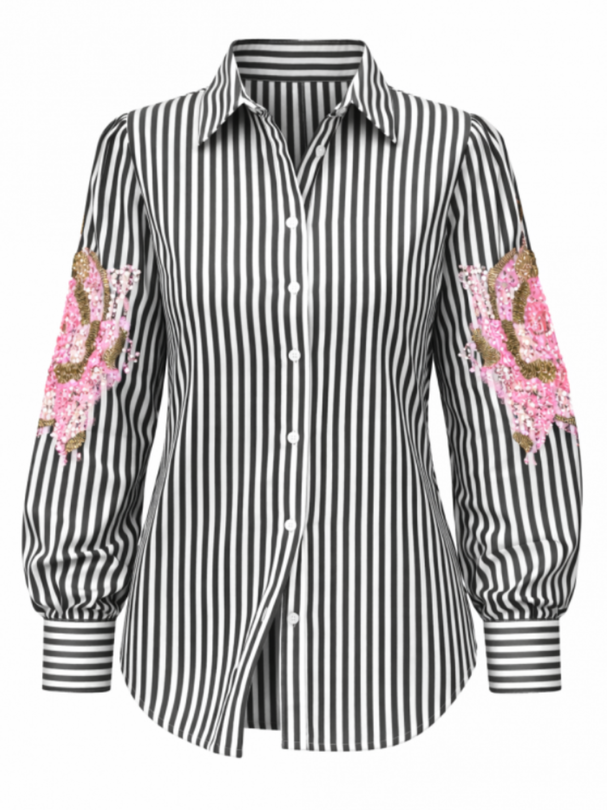 Malissa J WF2917 Stripped Button Through Shirt with striped pattern, embellished sleeve panels, collar and button front.