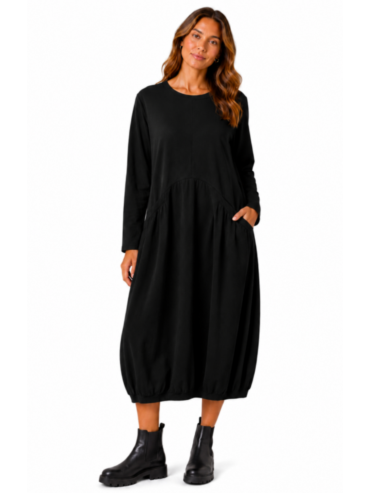 Malissa J WF2938 Round Neck Jersey Dress with a round neckline, long sleeves, seam detailing and a bubble hem finish.