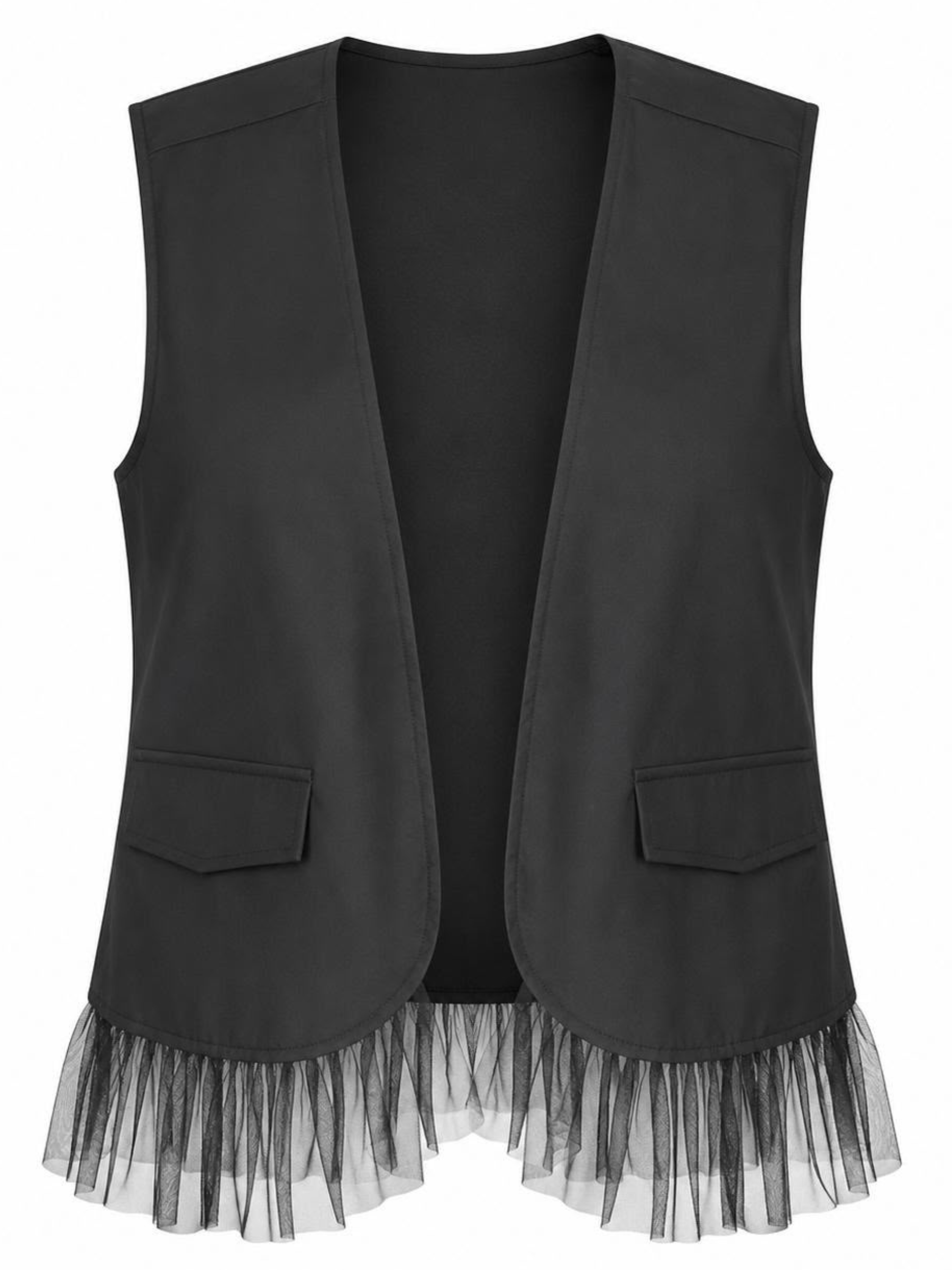 Malissa J WF2940 Edge To Edge Nylon Jacket with open front and tulle-style frill hem