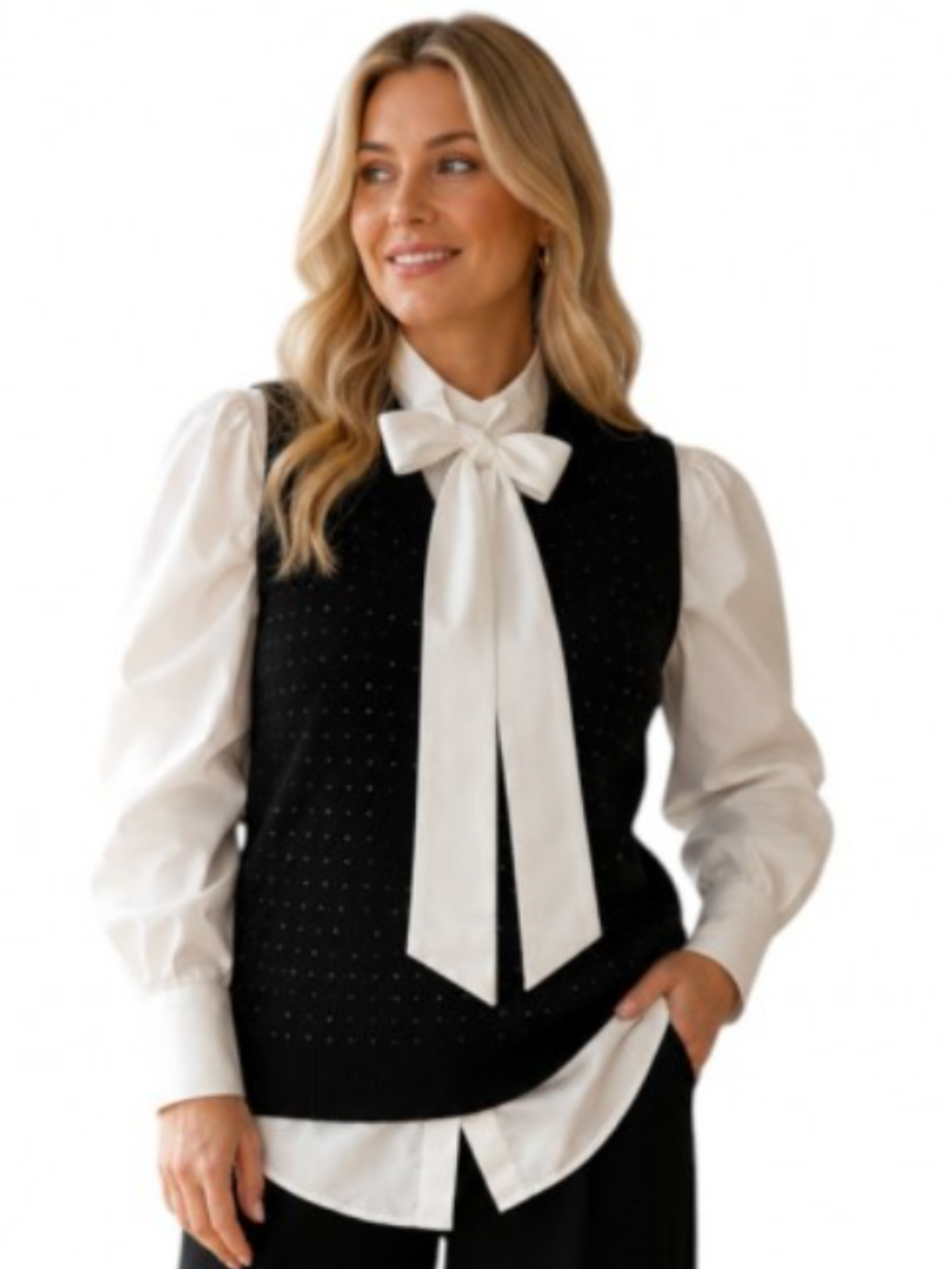 Malissa J WF2947 Studded V-Neck Knit Vest with all-over studded detail, sleeveless design, ribbed trims and a flattering V-neckline.
