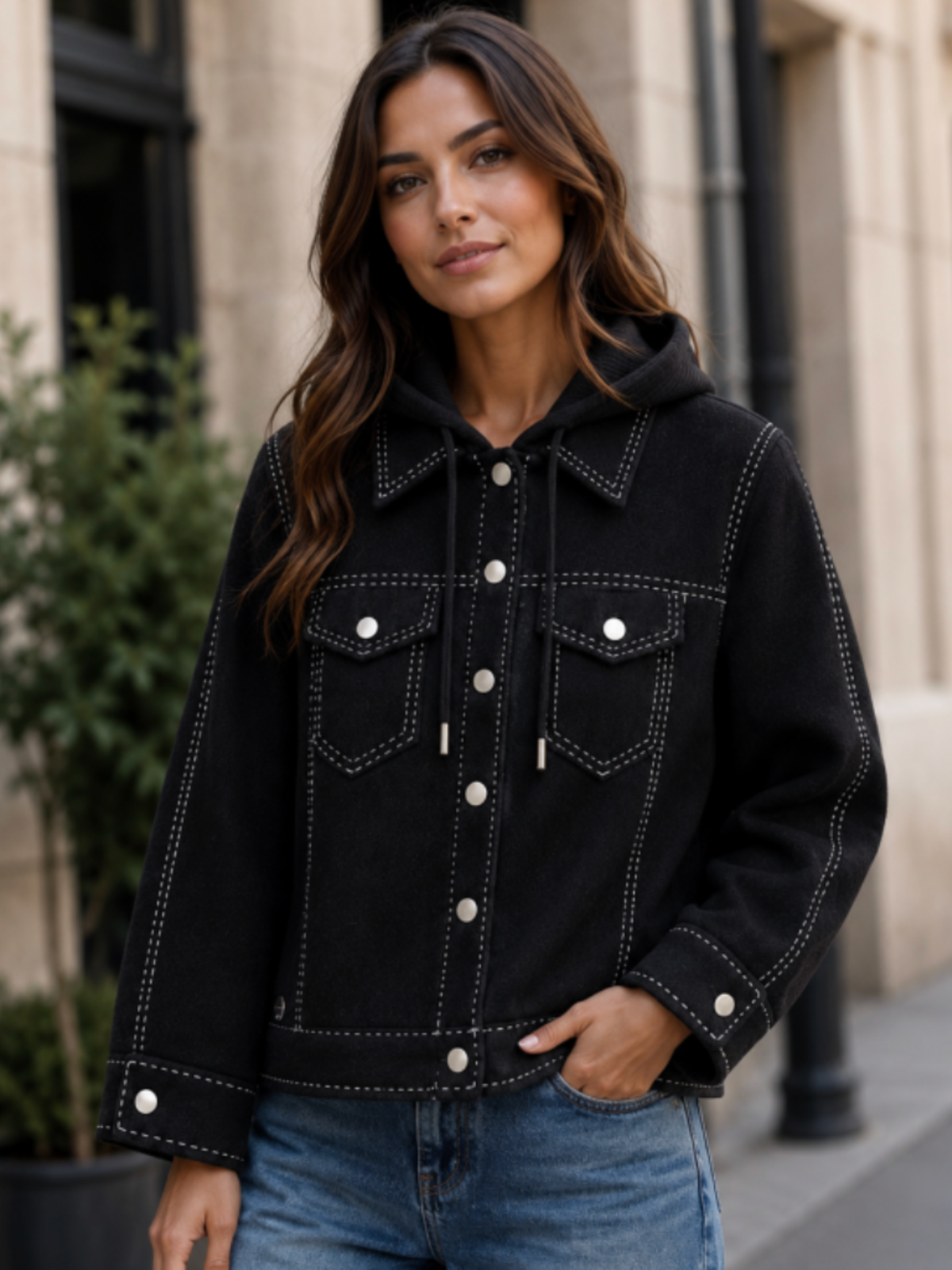 Malissa J WF2948 Western Style Knit Jacket with contrast stitch detailing, a button-through front, hood with drawstring ties, long sleeves and chest flap pockets.