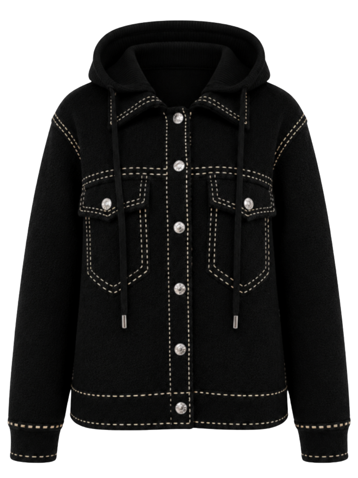 Malissa J WF2948 Western Style Knit Jacket with contrast stitch detailing, a button-through front, hood with drawstring ties, long sleeves and chest flap pockets.