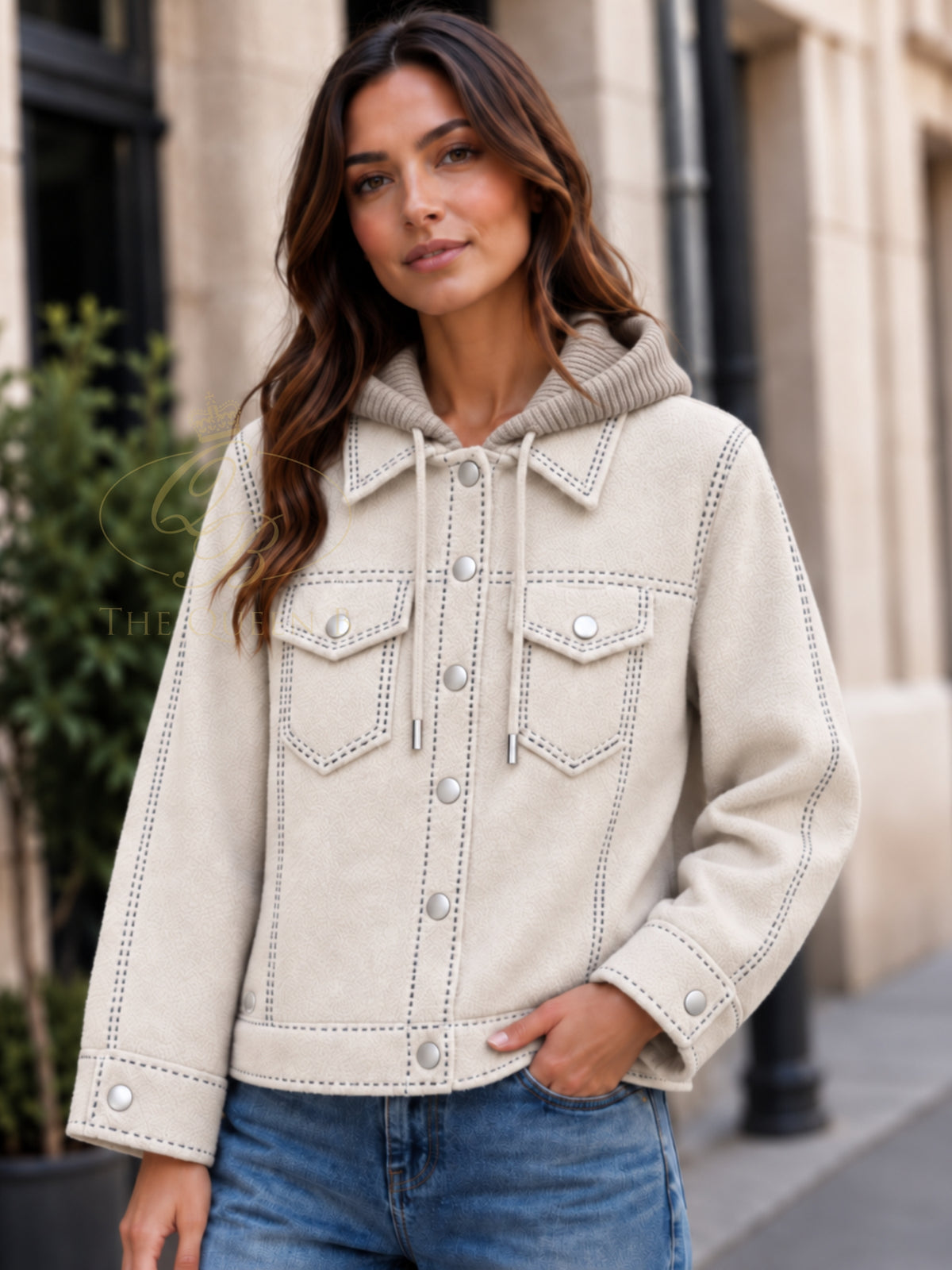 Malissa J WF2948 Western Style Knit Jacket with contrast stitch detailing, a button-through front, hood with drawstring ties, long sleeves and chest flap pockets.