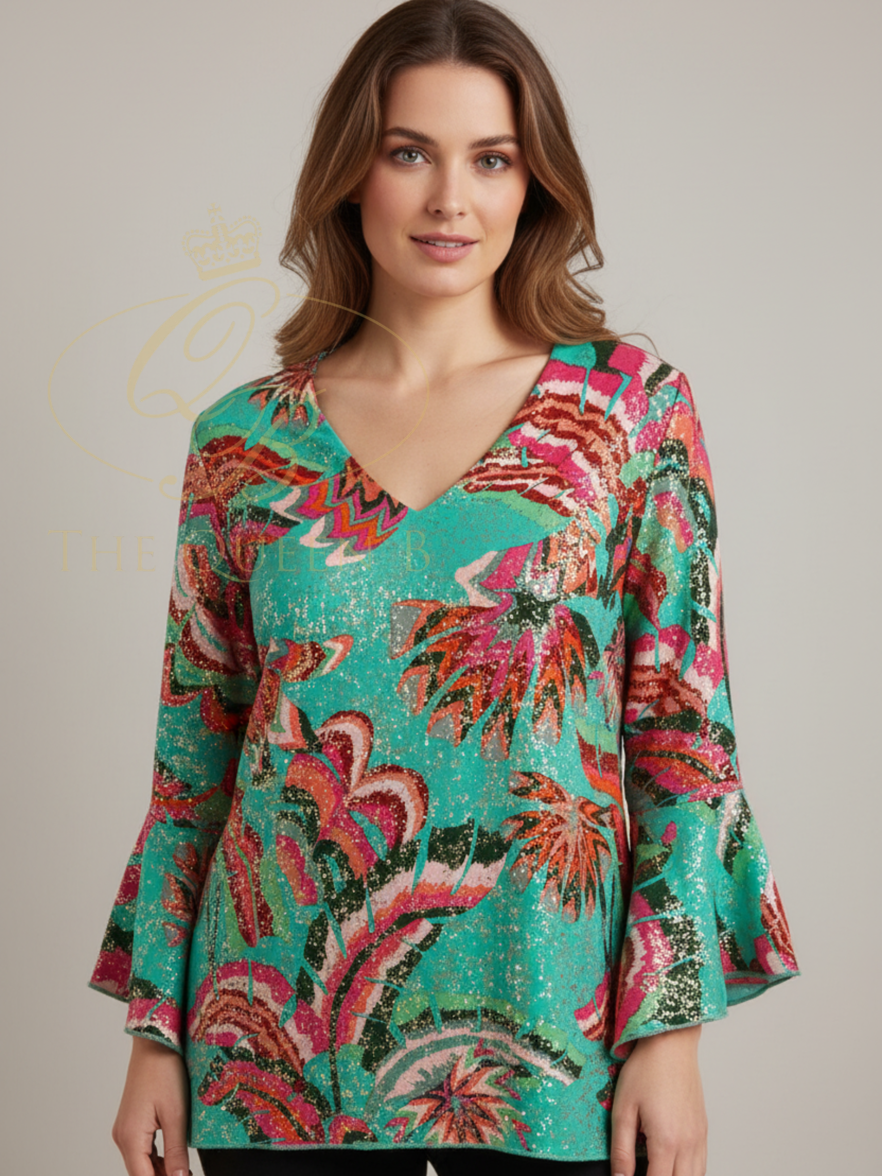 Malissa J WF871 Woven V-Neck Floaty Sleeve Top with V-neckline, dramatic bell sleeves and vibrant all-over print.