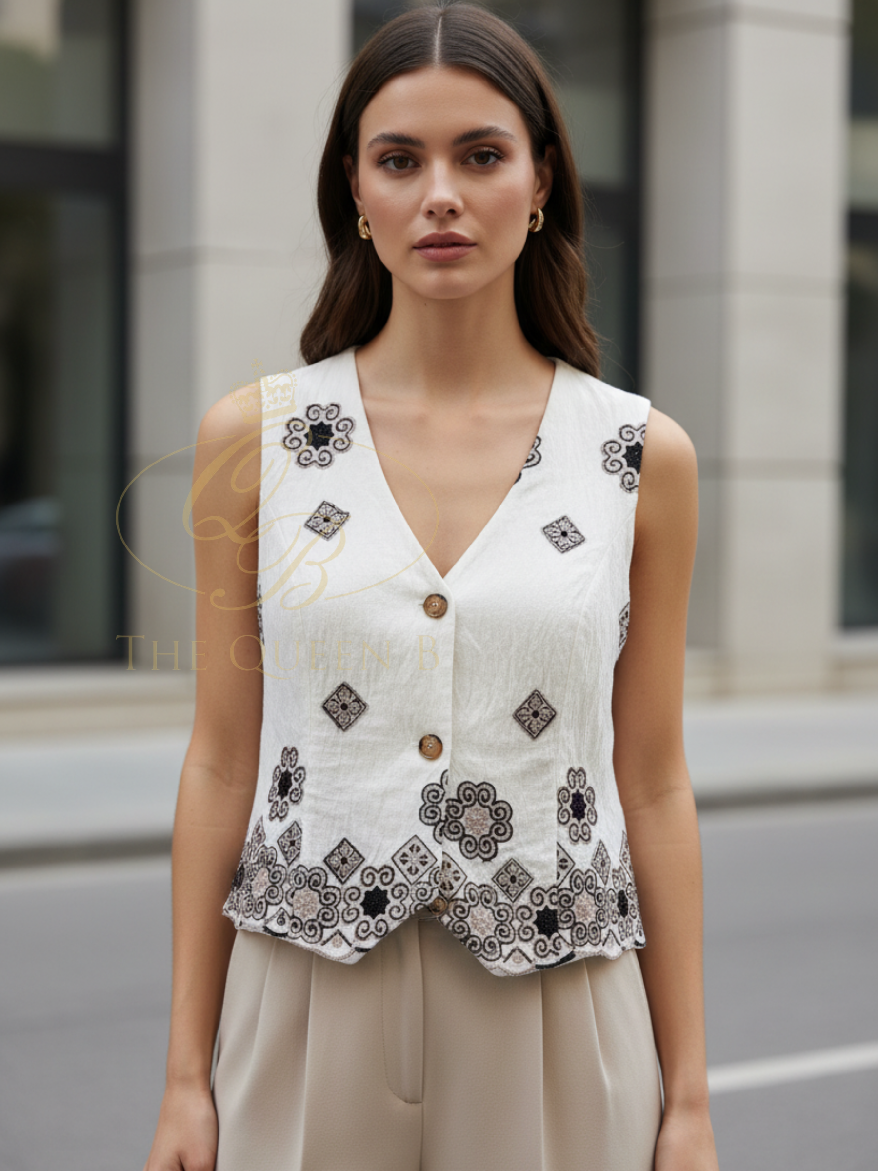 Malissa J WF2820 Adjustable Slider Waistcoat with V-neckline, button-through front, embroidered detailing and adjustable back slider.