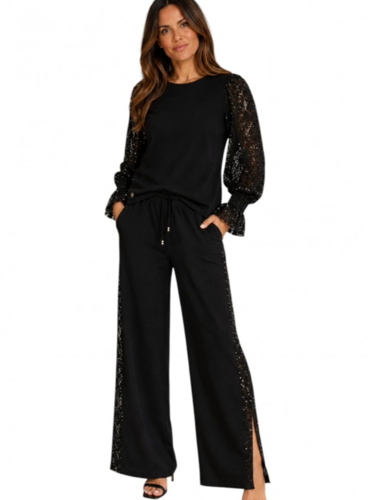 Malissa WF2872 Sequin Knit Rolled Jumper with round neckline, sequin sleeves and flared cuff detailing.