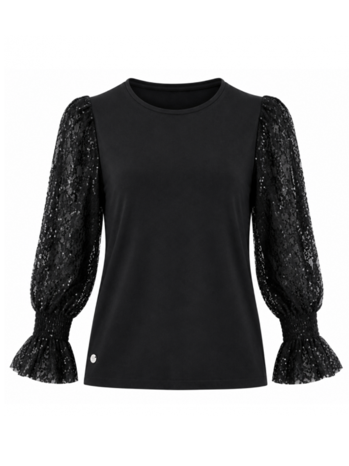 Malissa WF2872 Sequin Knit Rolled Jumper with round neckline, sequin sleeves and flared cuff detailing.