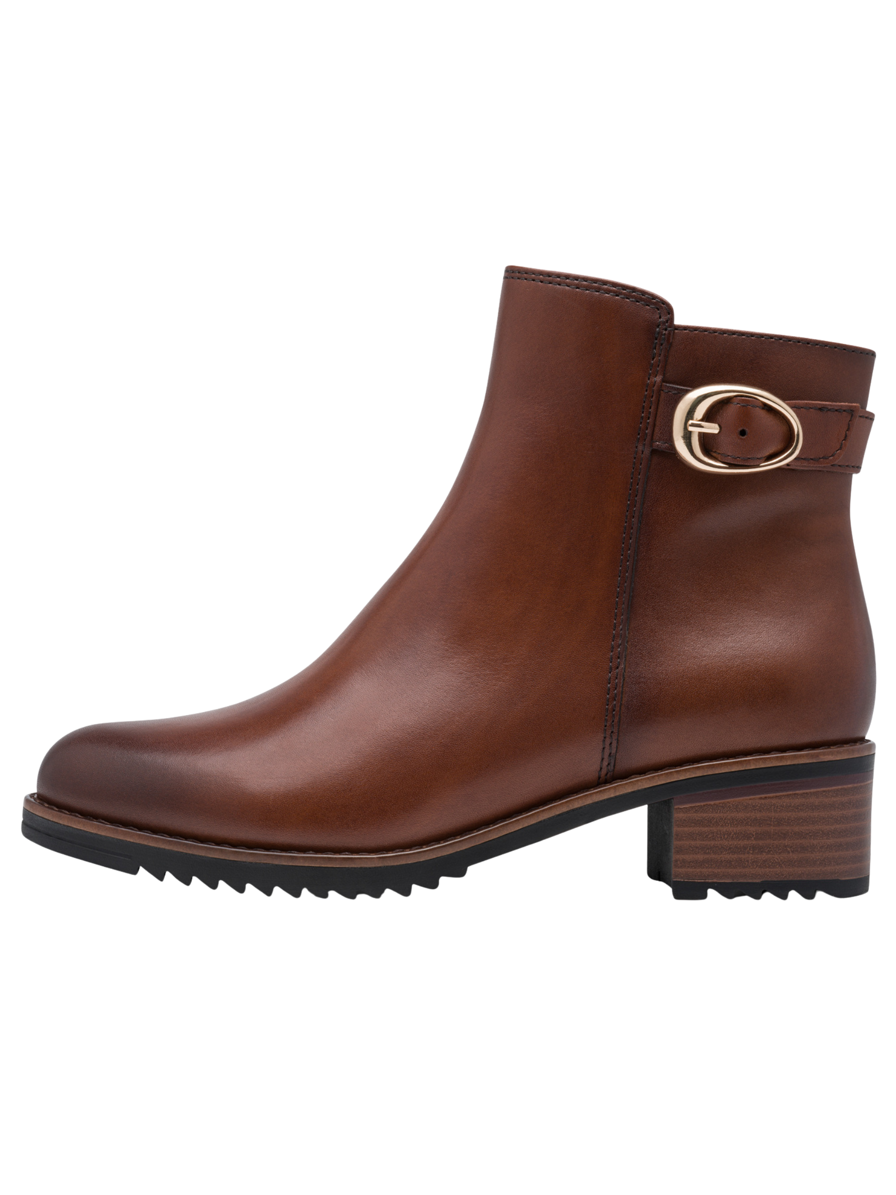 Marco Tozzi 25377 305 Cognac Boot leather ankle boot with buckle detail, side zip fastening and 45mm block heel