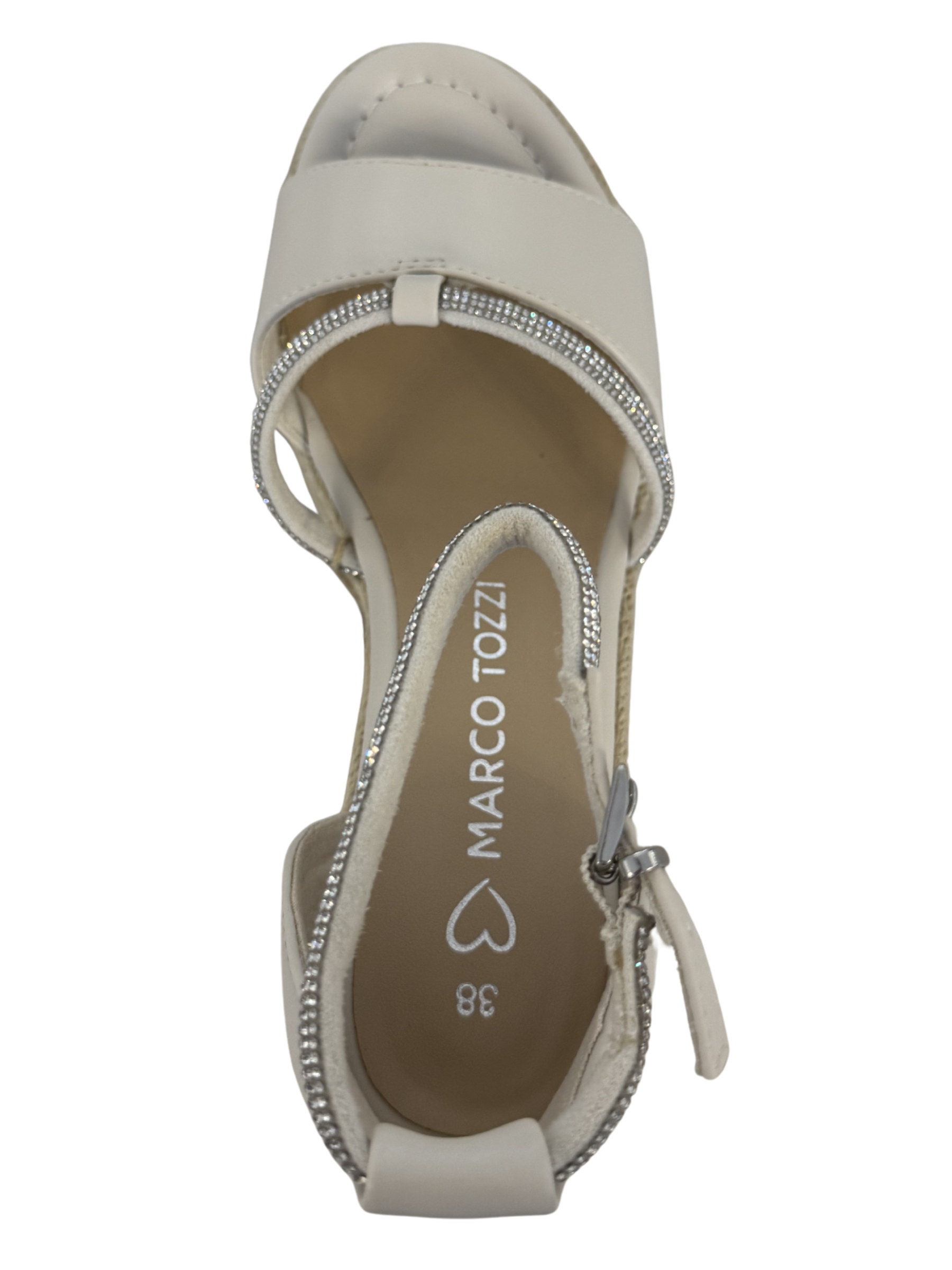 Marco Tozzi 28362 403 Cream sandals with wedge heel, wide strap and embellished detail.