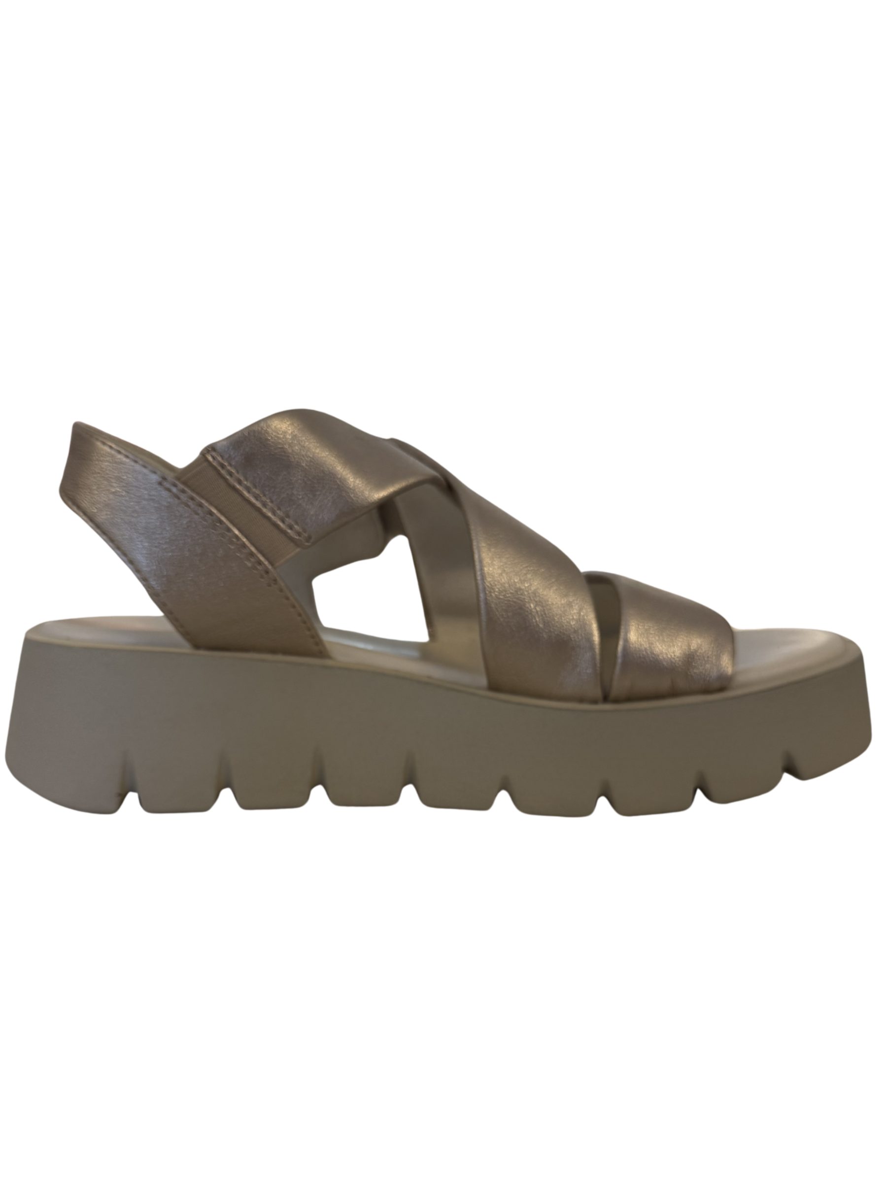 Marco Tozzi 28525 957 Platinum Sandals with crossover straps and metallic finish.