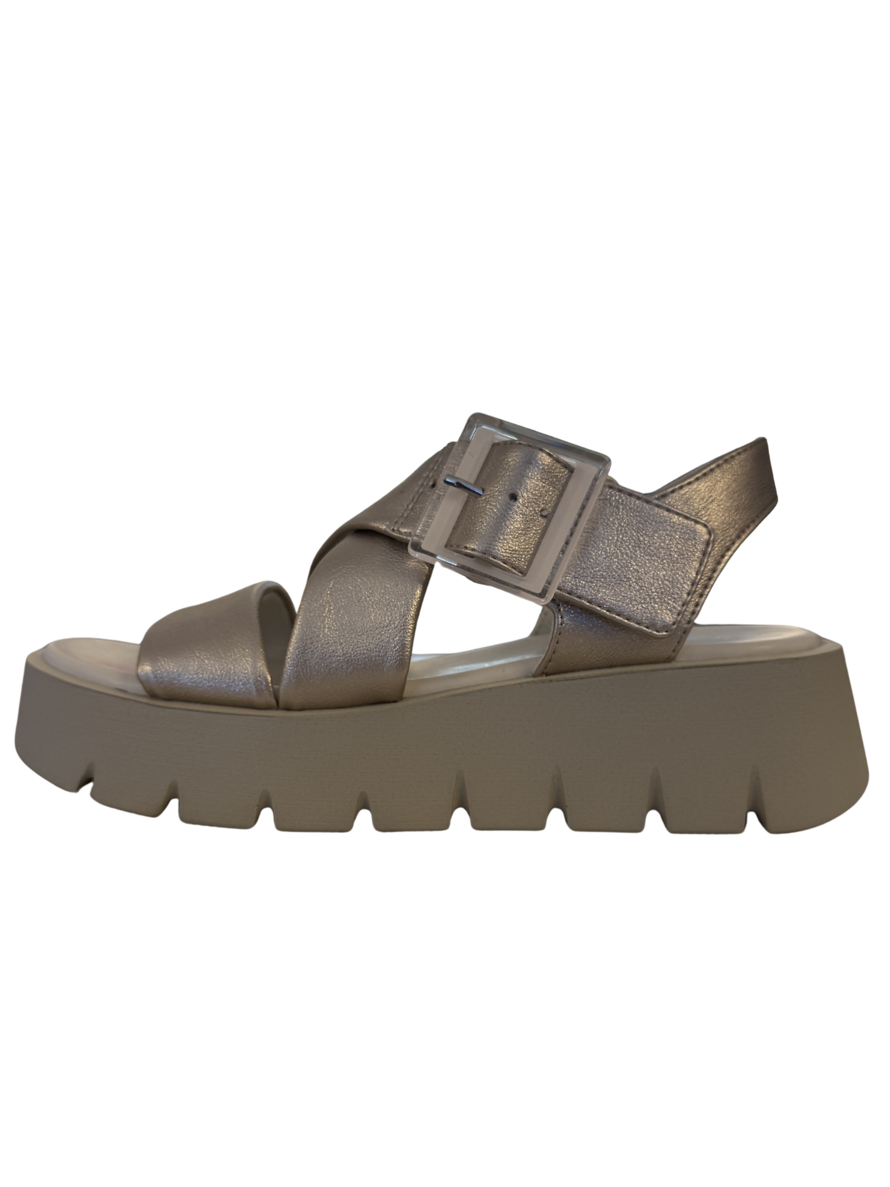 Marco Tozzi 28525 957 Platinum Sandals with crossover straps and metallic finish.