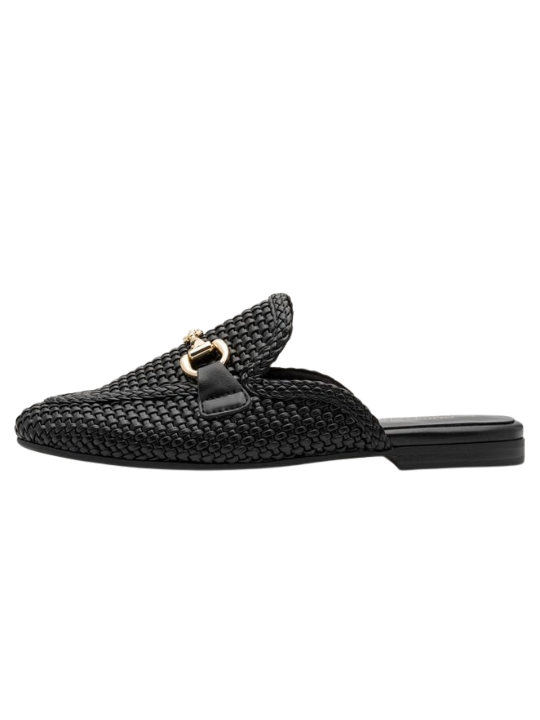 Marco Tozzi 87300 001 Black Flat Mule with woven metallic-effect upper, decorative hardware detail and slip-on flat design.