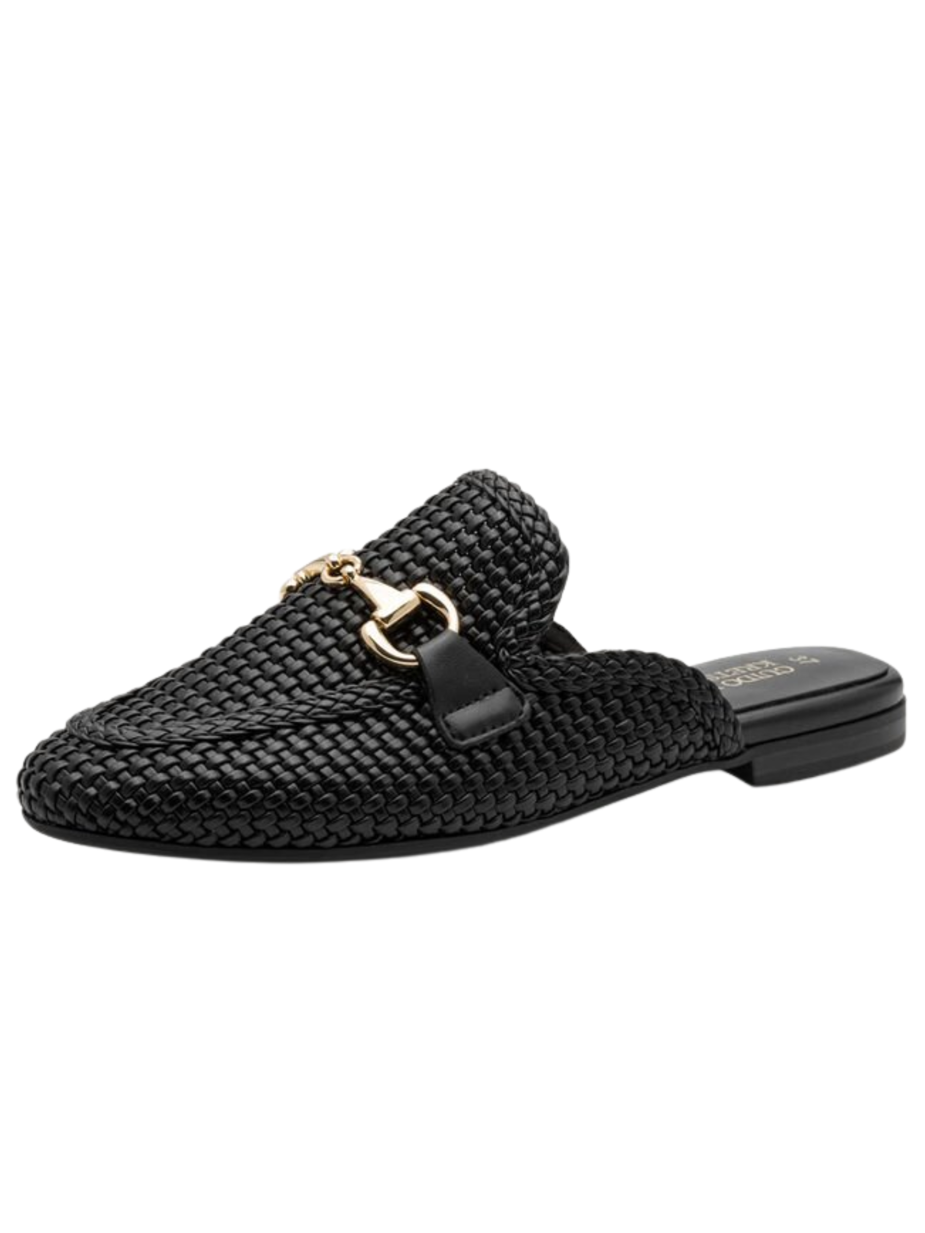 Marco Tozzi 87300 001 Black Flat Mule with woven metallic-effect upper, decorative hardware detail and slip-on flat design.